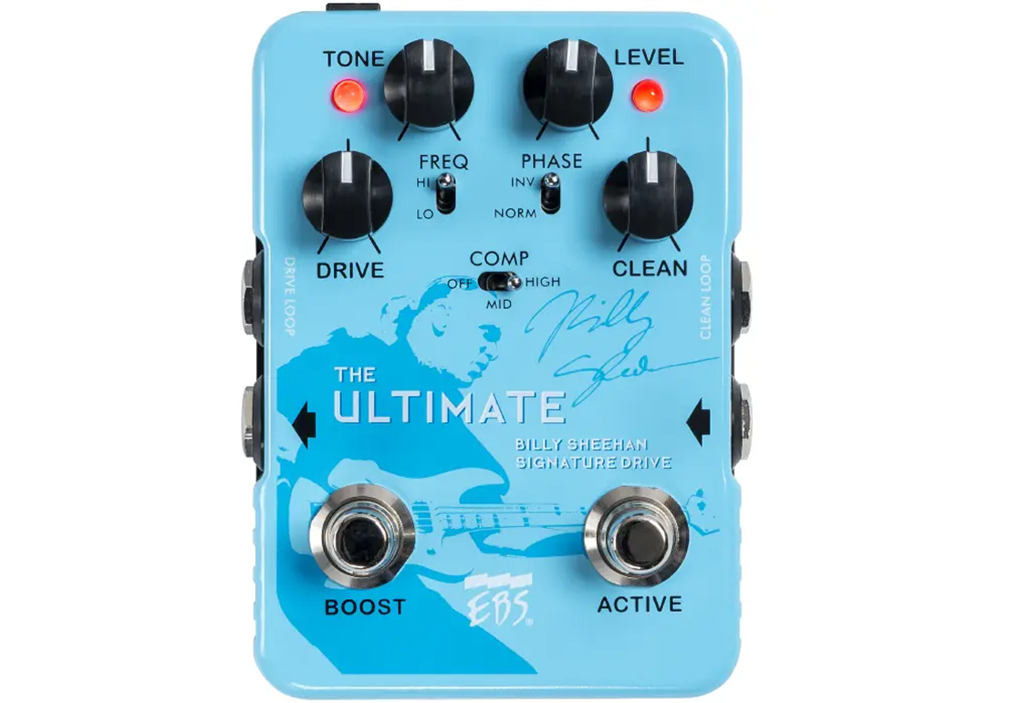 Gitarreneffektpedal, Overdrive-Pedal, blaues Gehäuse, Drehregler, Fußschalter