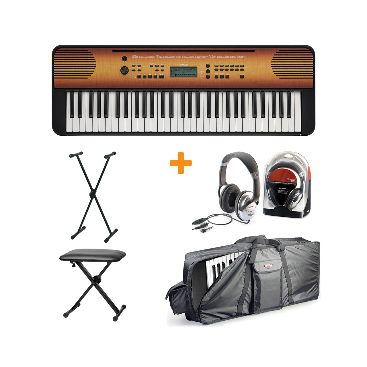 PSR-E360 Keyboard in Ahorn Set IV mit Ständer, Kopfhörer, Tasche und Bank
