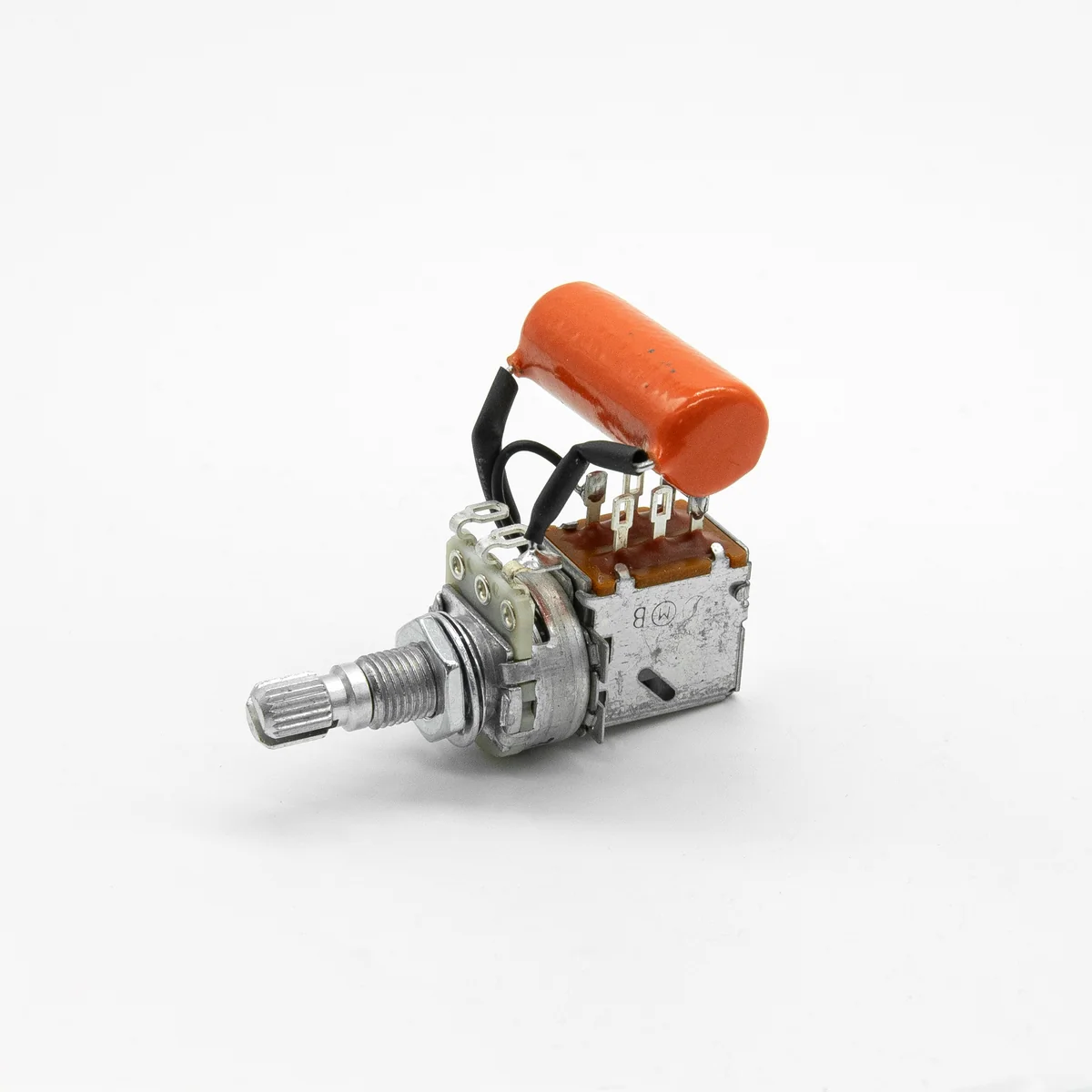 Drehpotentiometer, Push-Pull-Schalter, Elektronikbauteil, Metallgehäuse, Oranger Kondensator