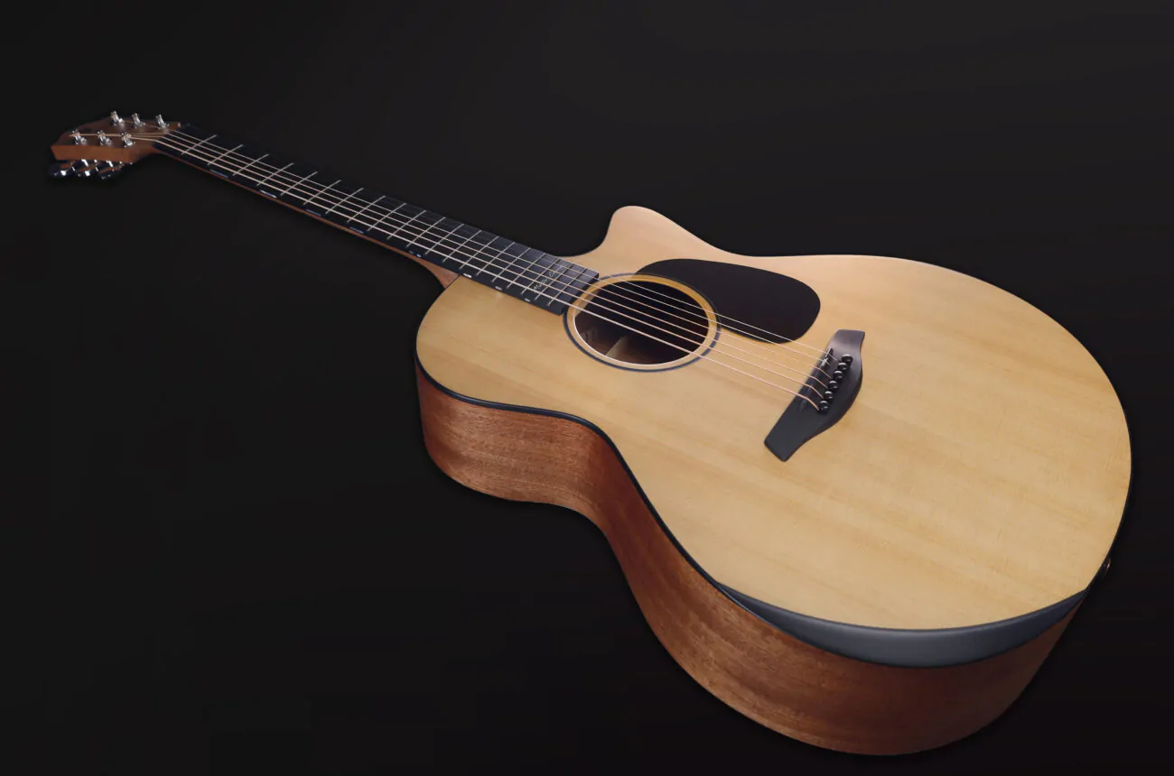 Akustikgitarre, Cutaway-Korpus, helle Decke, braune Zargen, schwarzes Schlagbrett