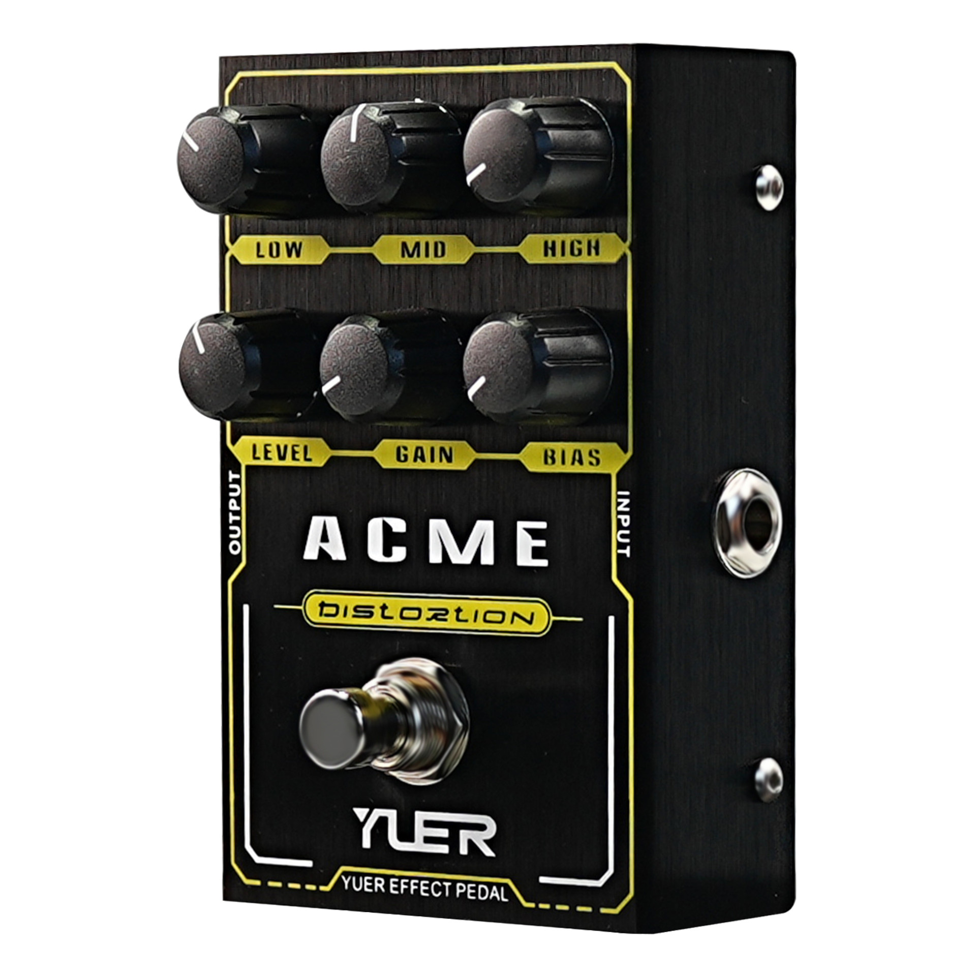Gitarreneffektpedal, Distortion-Pedal, schwarzes Metallgehäuse, sechs Drehregler, Fußschalter