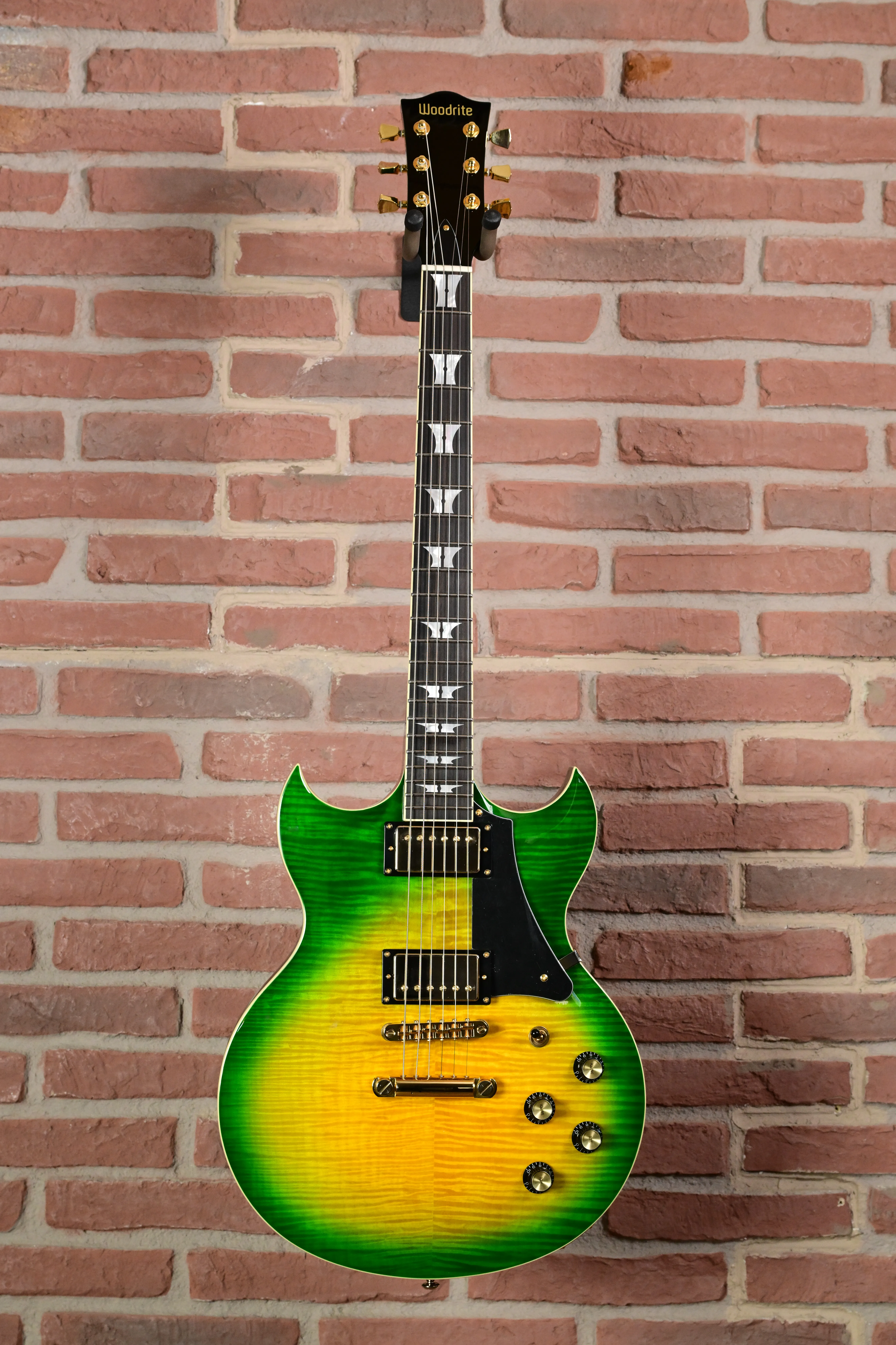 E-Gitarre, Grüner Farbverlauf, Flamed-Maple-Decke, Doppel-Humbucker, Doppel-Cutaway