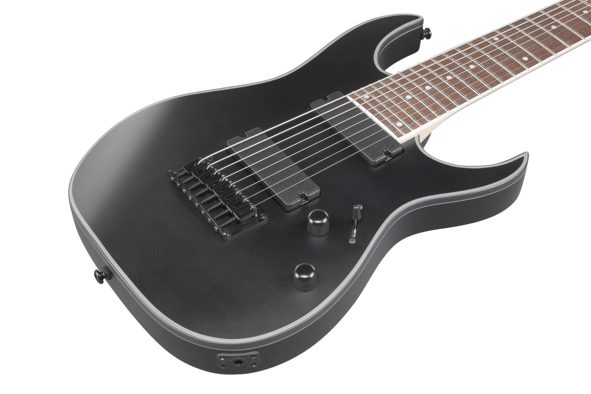 Nahaufnahme Ibanez RG8EX‑BKF – Jatoba Griffbrett mit weißen Punkt-Inlays und Jumbo-Bundstäben