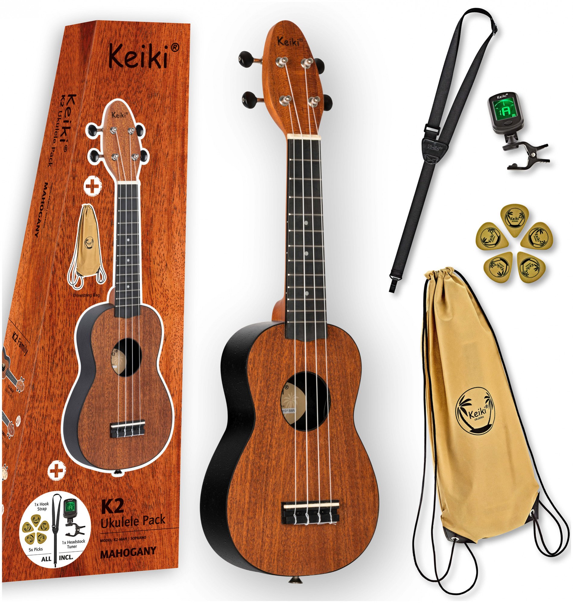 Ukulele Set "Mahogany" inkl. Gymbag/H-Tuner/5 Picks/Gurt
