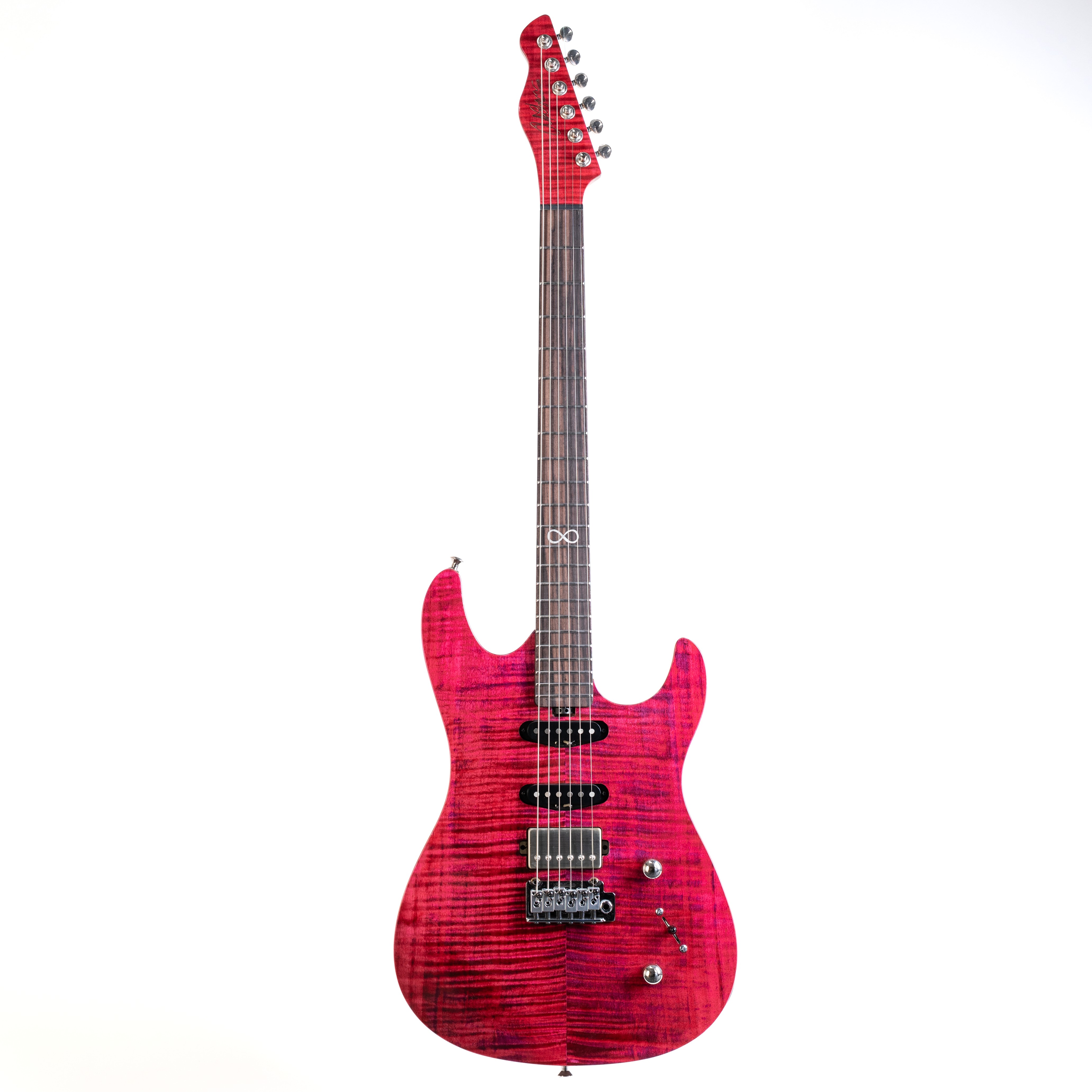 E-Gitarre, roter Korpus, Flammenahorn-Decke, Humbucker-Tonabnehmer, sechs Saiten