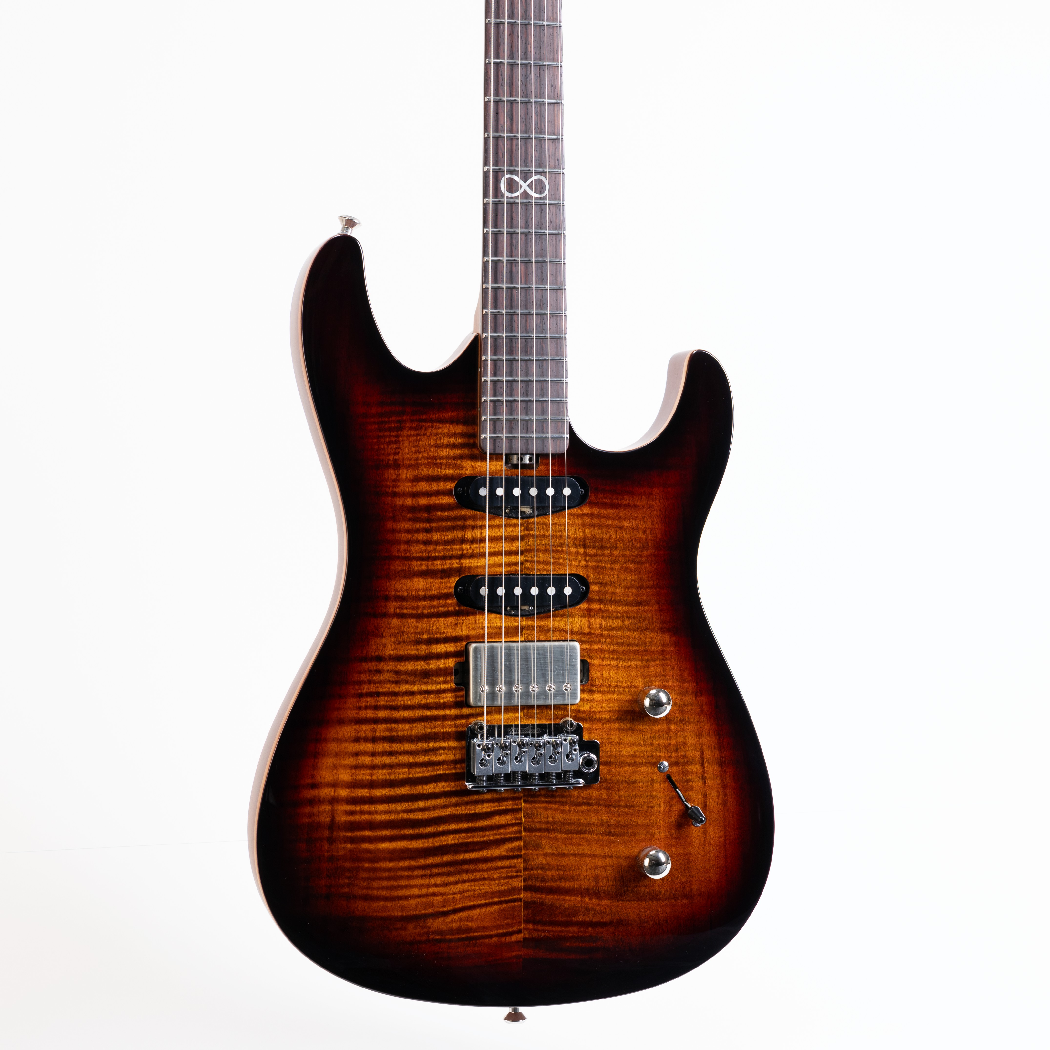 E-Gitarre, Tigerstreifenmuster, Sonnenuntergangsbraun, Humbucker, Tremolo