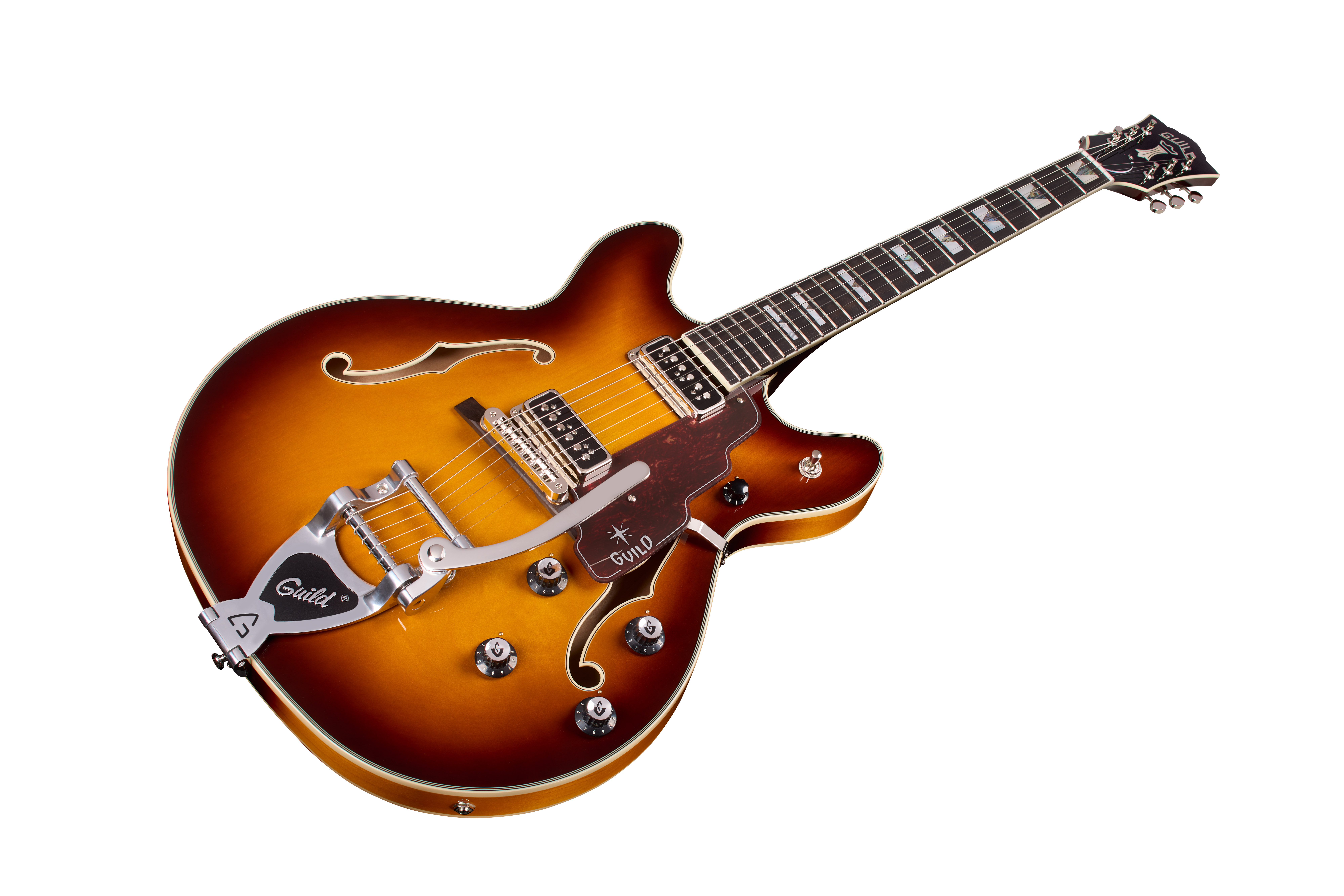 E-Gitarre, Hollowbody, Sunburst, Doppelspulen-Tonabnehmer, Bigsby-Tremolo