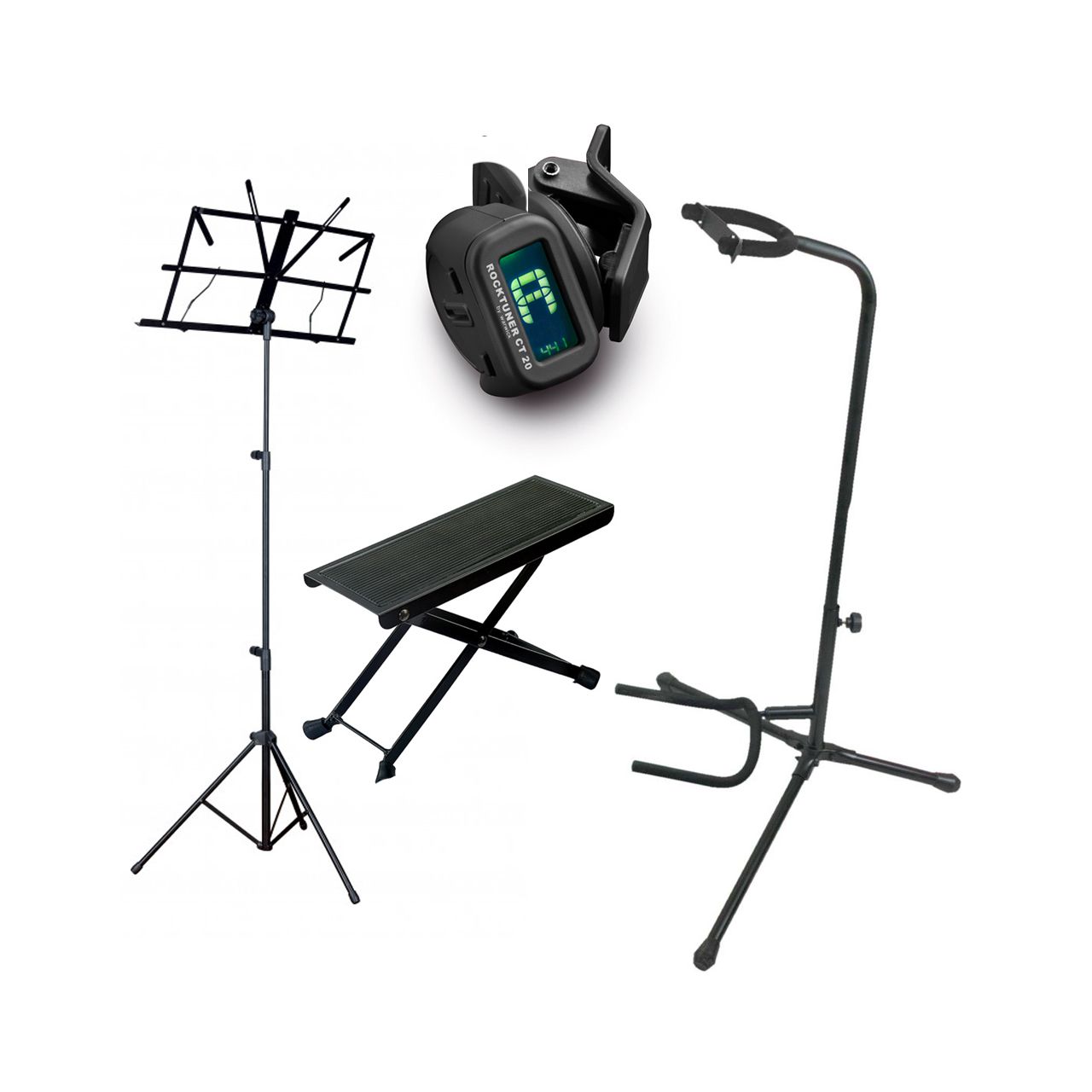 Einsteiger-Bundle 54:schwarz  Fußbank + Notenständer + Gitarrenständer + Clip-On Tuner
