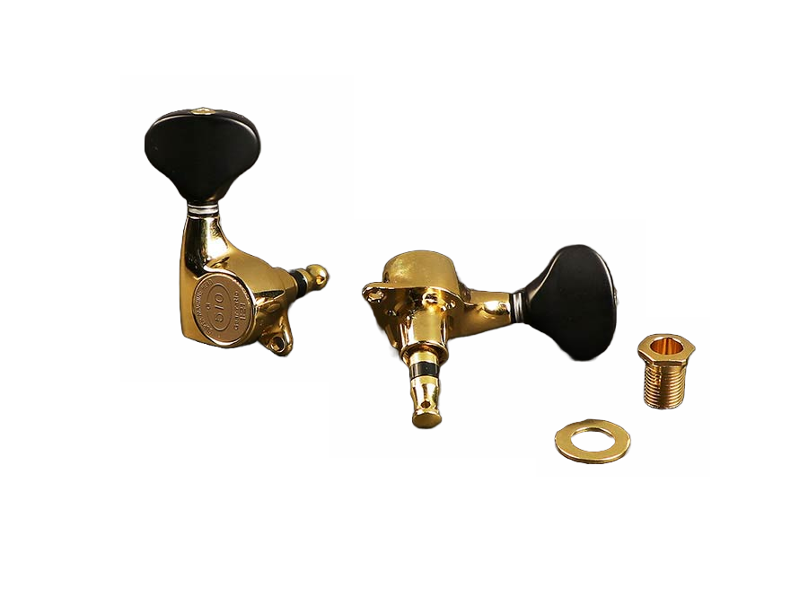 Mechaniken für Gitarre, 3L/3R, Übersetzung 1:21, große schwarze Knöpfe, gold