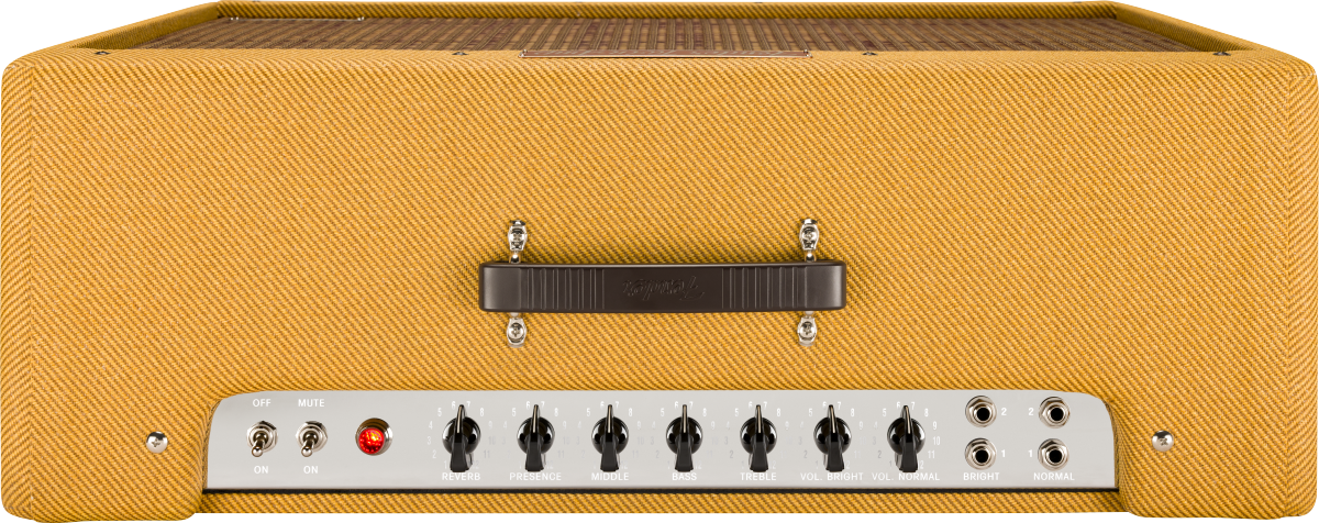 Gitarrenverstärker, orangefarbener Stoffbezug, Bedienfeld mit Drehreglern, Röhrenverstärker