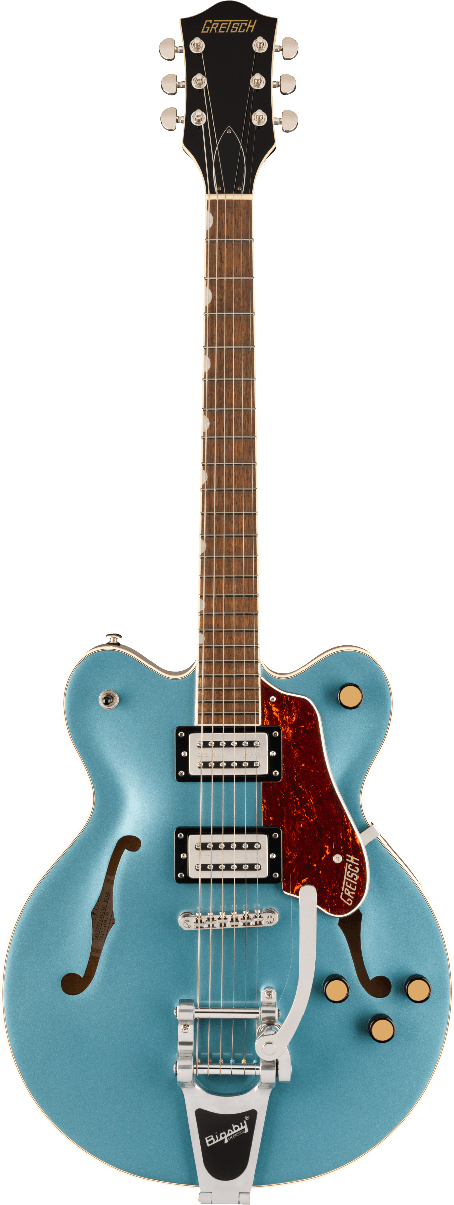 E-Gitarre, Hollowbody, türkiser Korpus, F-Löcher, Bigsby-Tremolo