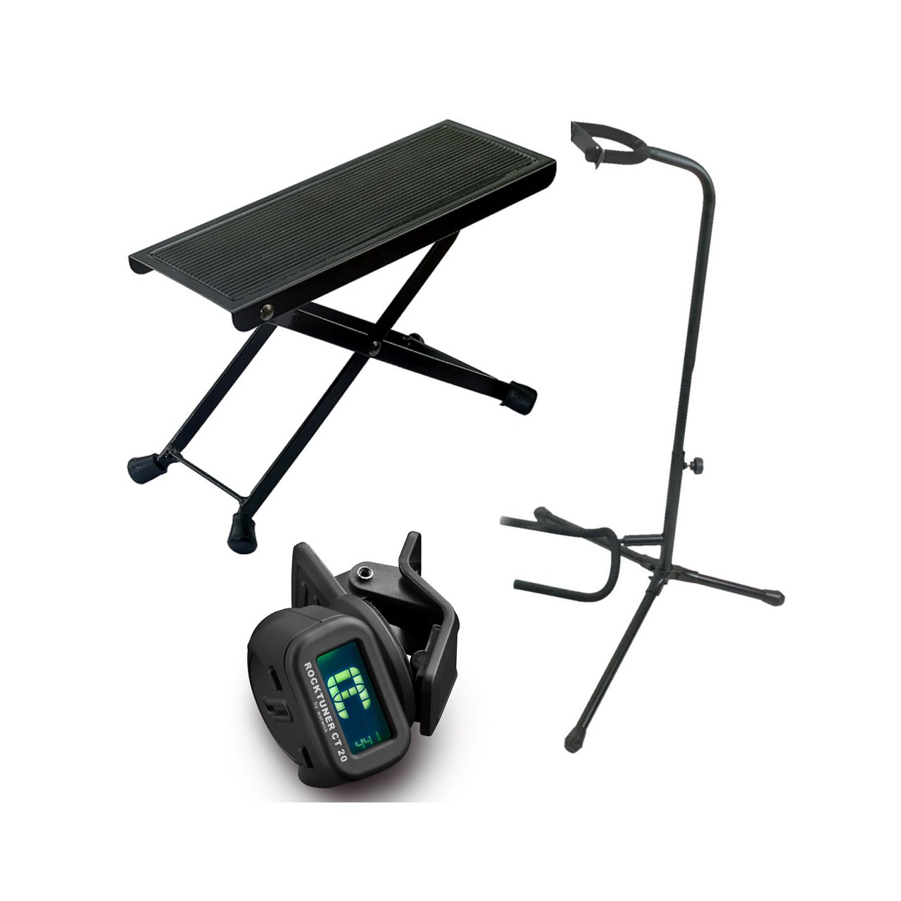 Einsteiger-Bundle 30: Fußbank + Gitarrenständer + Clip-On Tuner / Schwarz/Blau