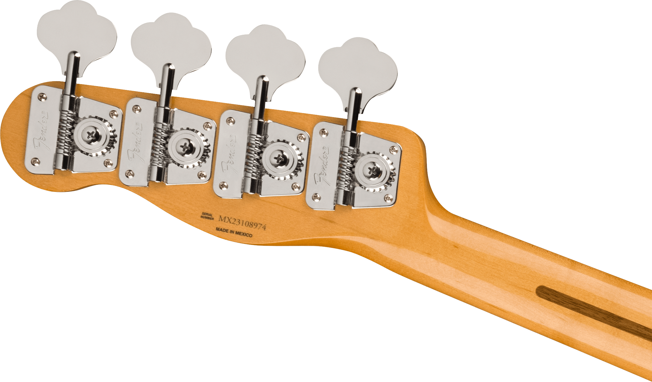 Kopfplatte mit Vintage-Style Tunern und „Fender”-Prägung