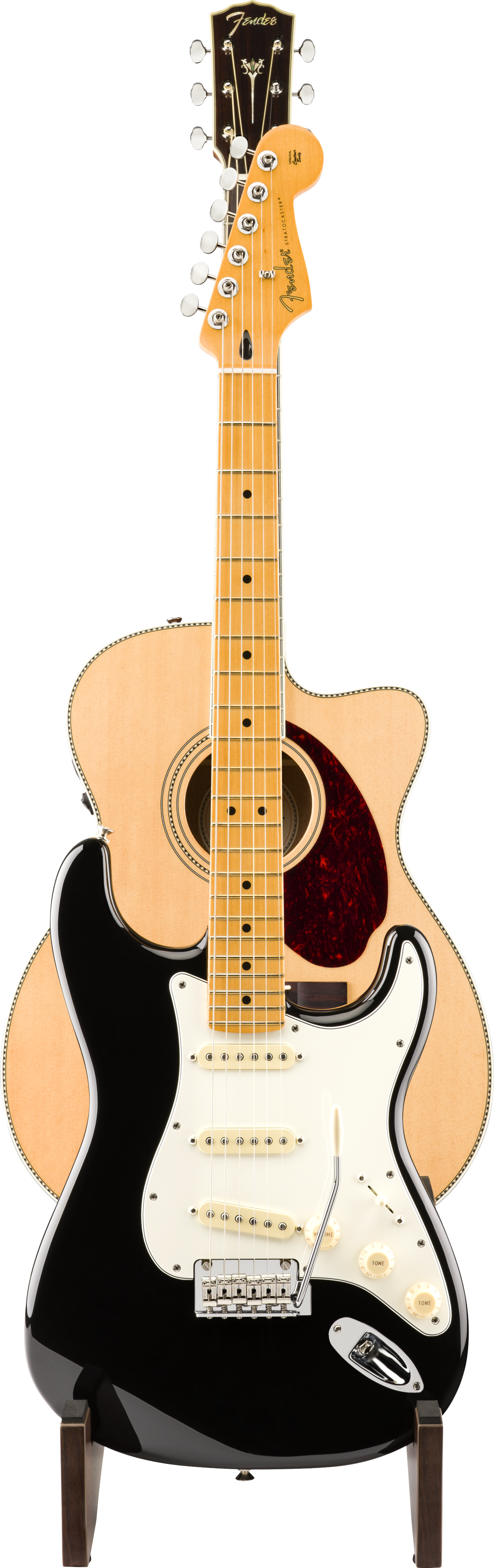 E-Gitarre, Stratocaster-Form, schwarzer Korpus, Ahornhals, Single-Coil-Tonabnehmer