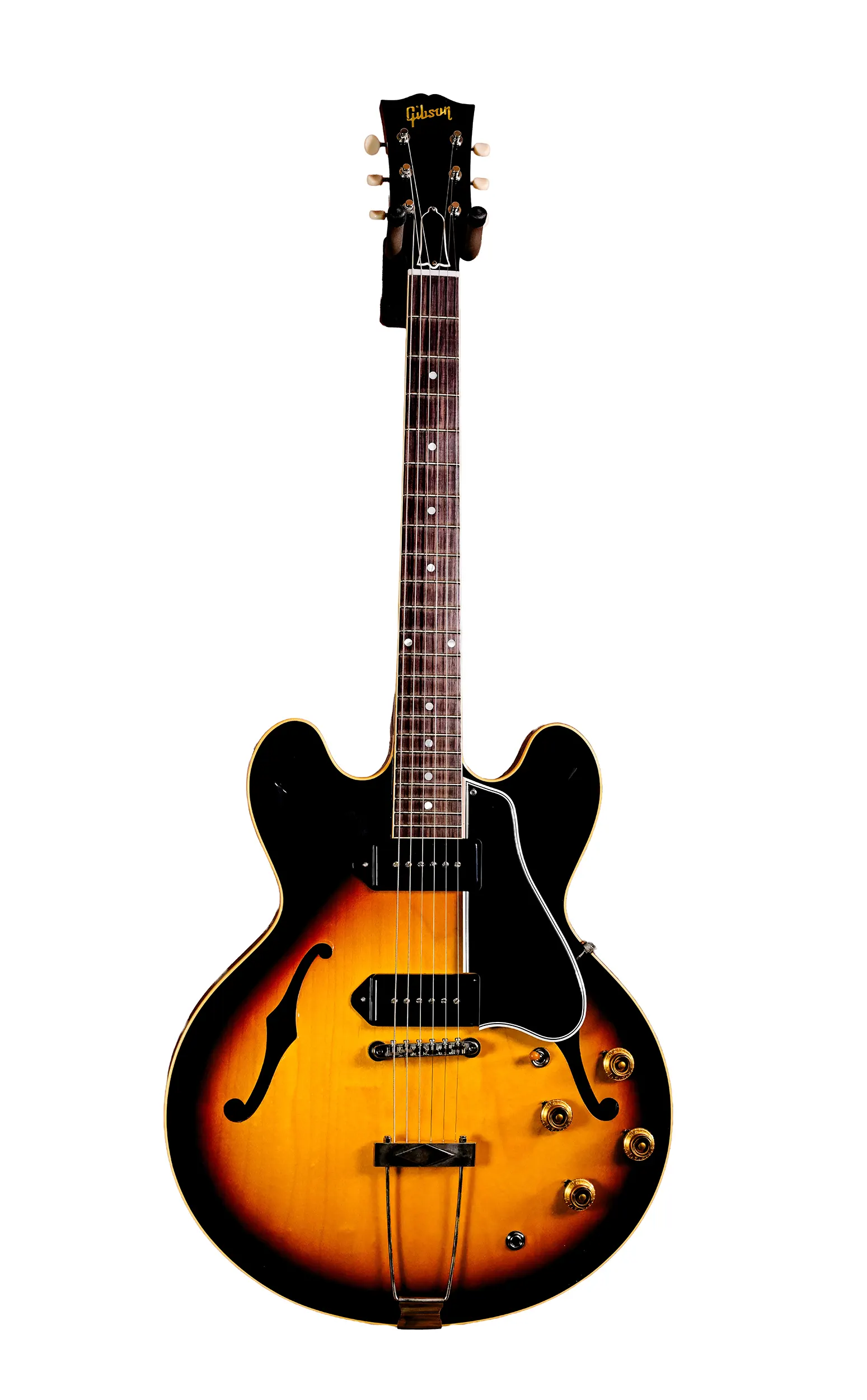 elektro Gitarre, Hohlkorpus, Sunburst-Lackierung, schwarzes Schlagbrett, F-Löcher