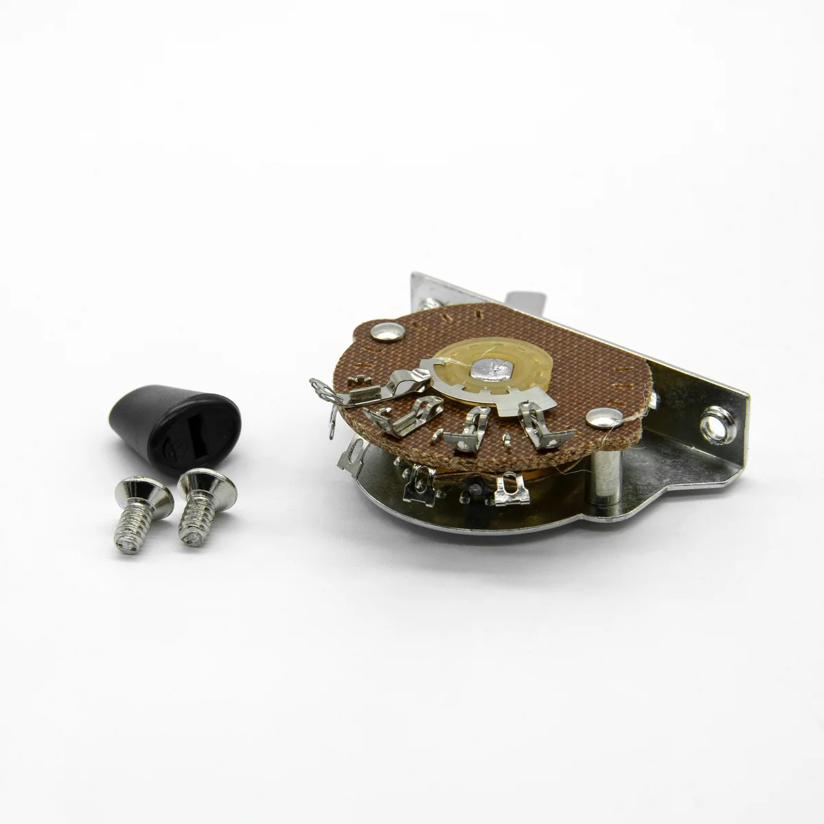 Drehschalter, Metallhalterung, elektrischer Schalter, braune Isolierplatte, Montageschrauben