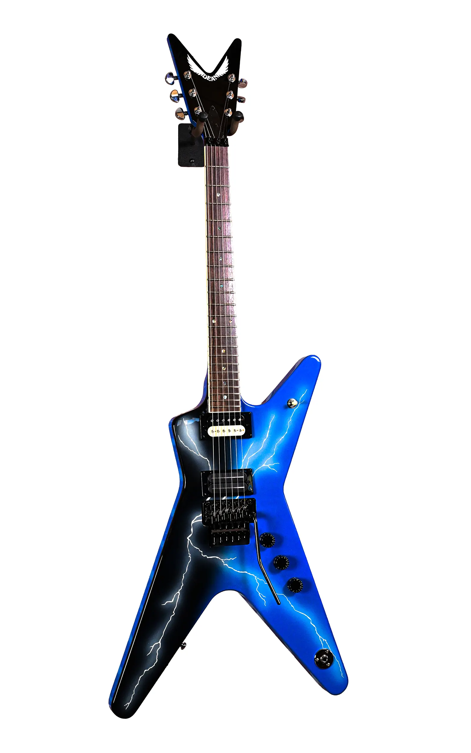 E-Gitarre, V-Korpus, Blau-Schwarz, Blitzmuster, Tremolohebel