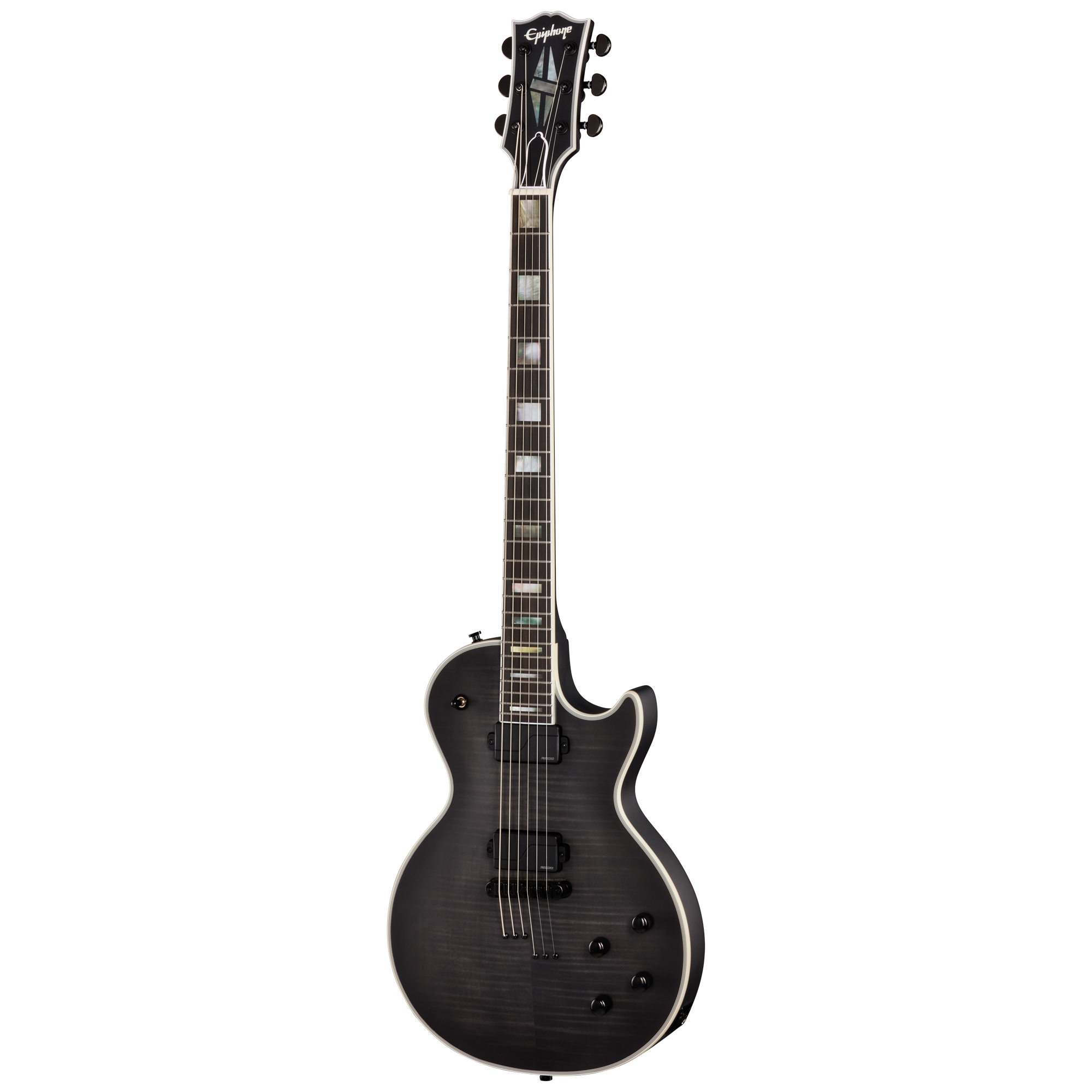 E-Gitarre, Schwarzes Finish, Massiver Korpus, Zwei Humbucker, Perlmutt-Griffbretteinlagen