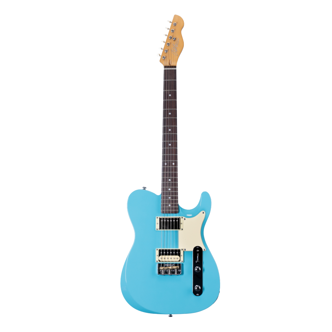 E-Gitarre, blauer Korpus, Massivholzkorpus, Humbucker-Tonabnehmer, dunkles Griffbrett