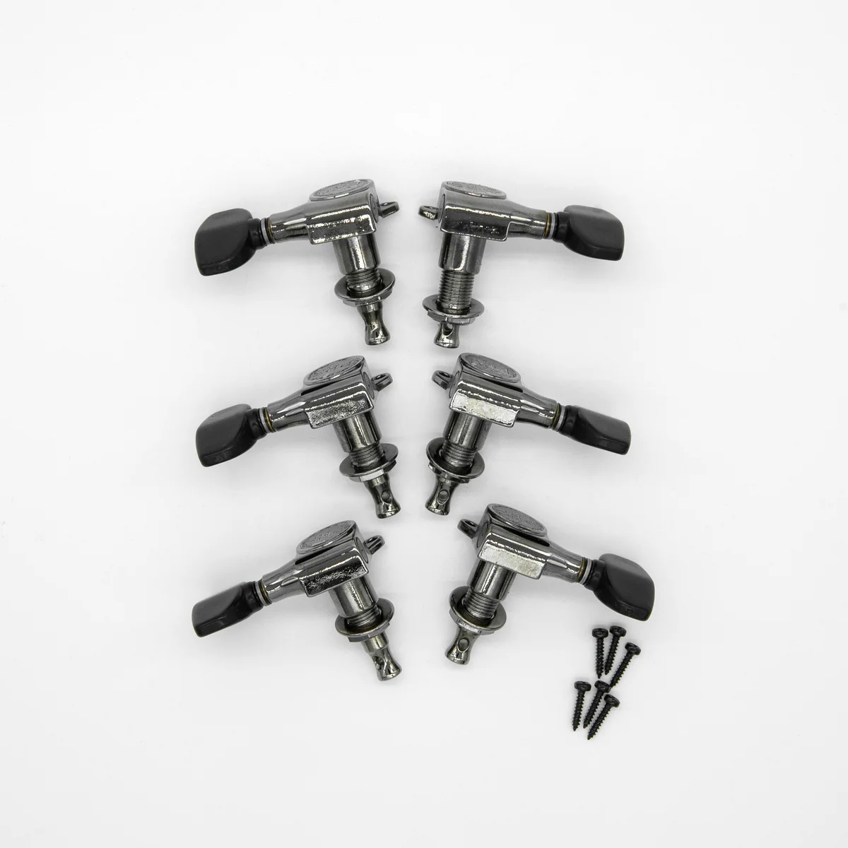 Gitarrenmechaniken, 6er-Set, Chromfarben, Schwarze Knöpfe, Befestigungsschrauben