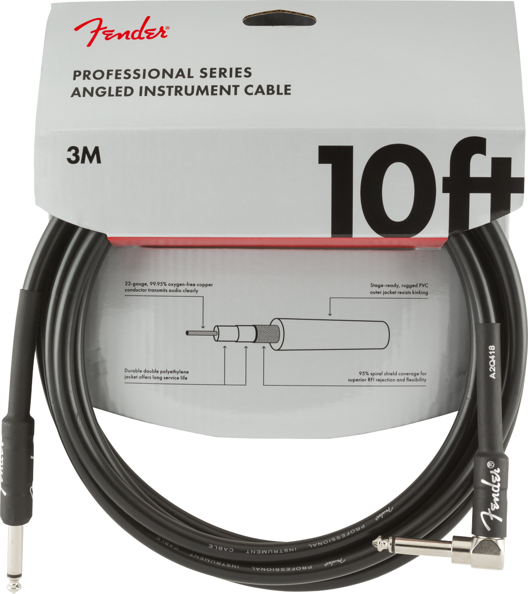 Professional Series Instrument Cable, Straight-Angle, 10', Black (3 m)