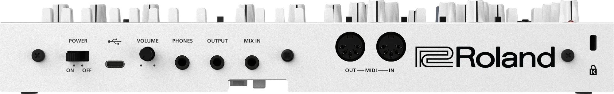 Synthesizer, MIDI-Anschlüsse, USB-Anschluss, Kopfhöreranschluss, silbernes Gehäuse