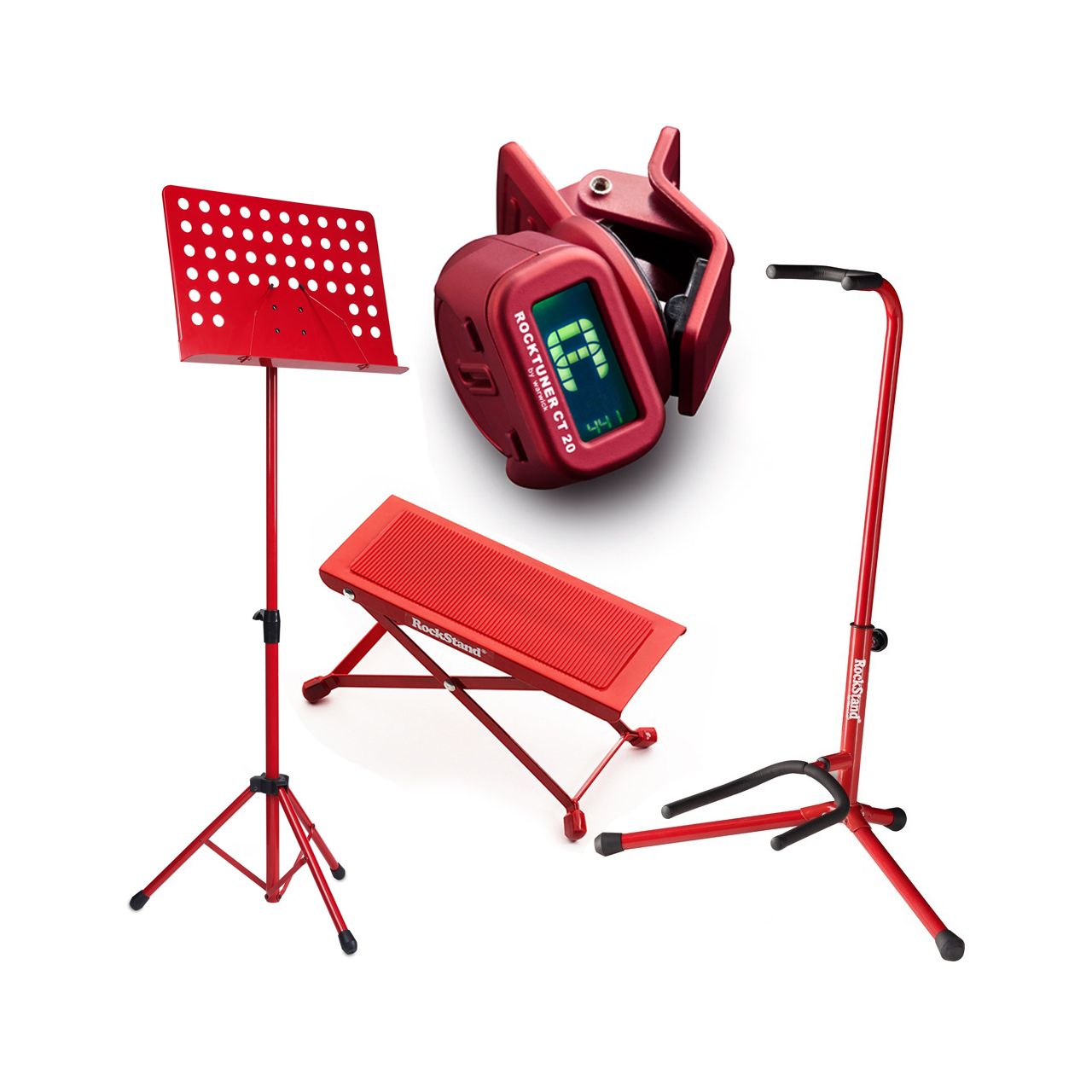 Einsteiger-Bundle 50: Fußbank + Orchesterpult + Gitarrenständer + Clip-On Tuner / rot/ blau