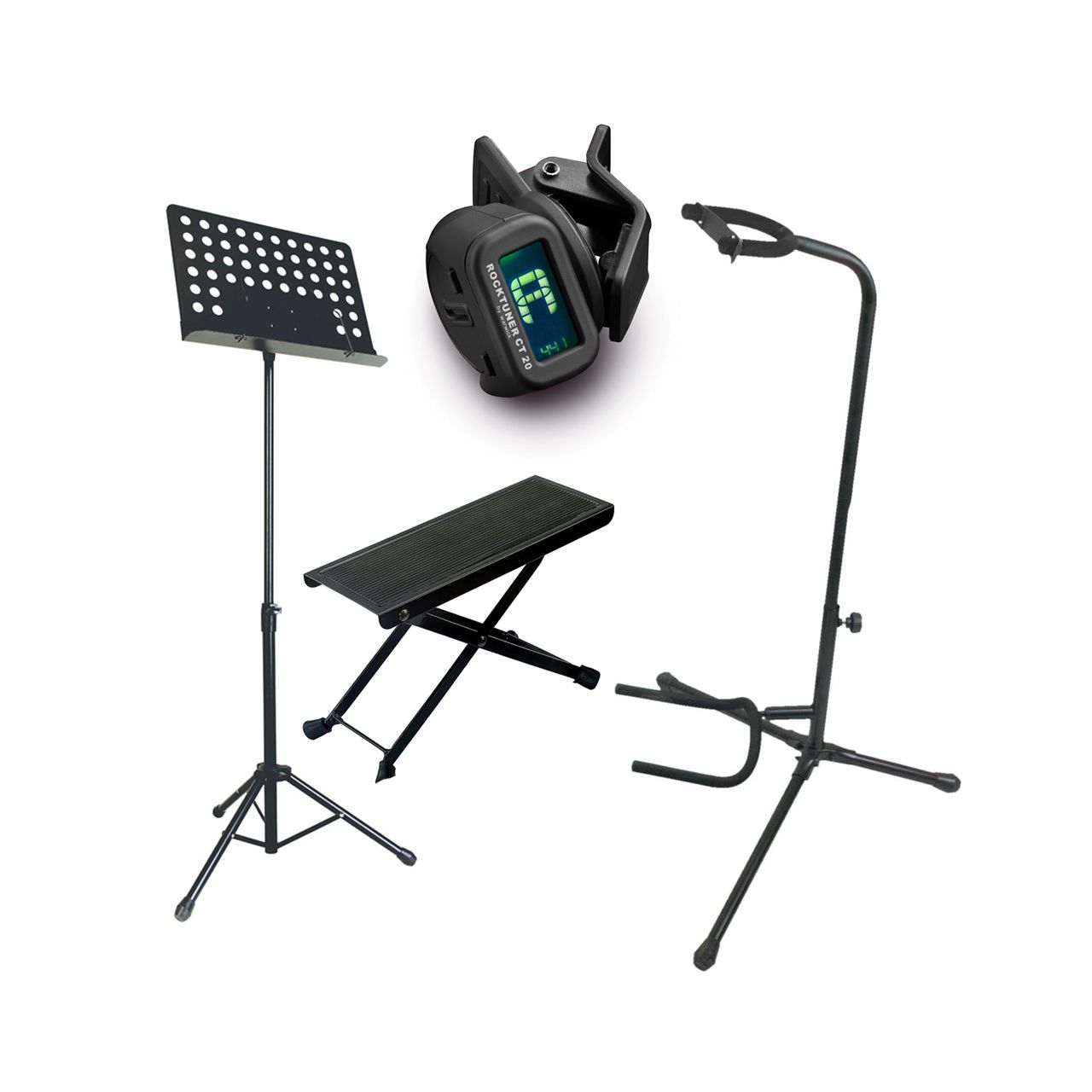 Einsteiger-Bundle 51: Fußbank + Orchesterpult + Gitarrenständer + Clip-On Tuner / schwarz/ blau