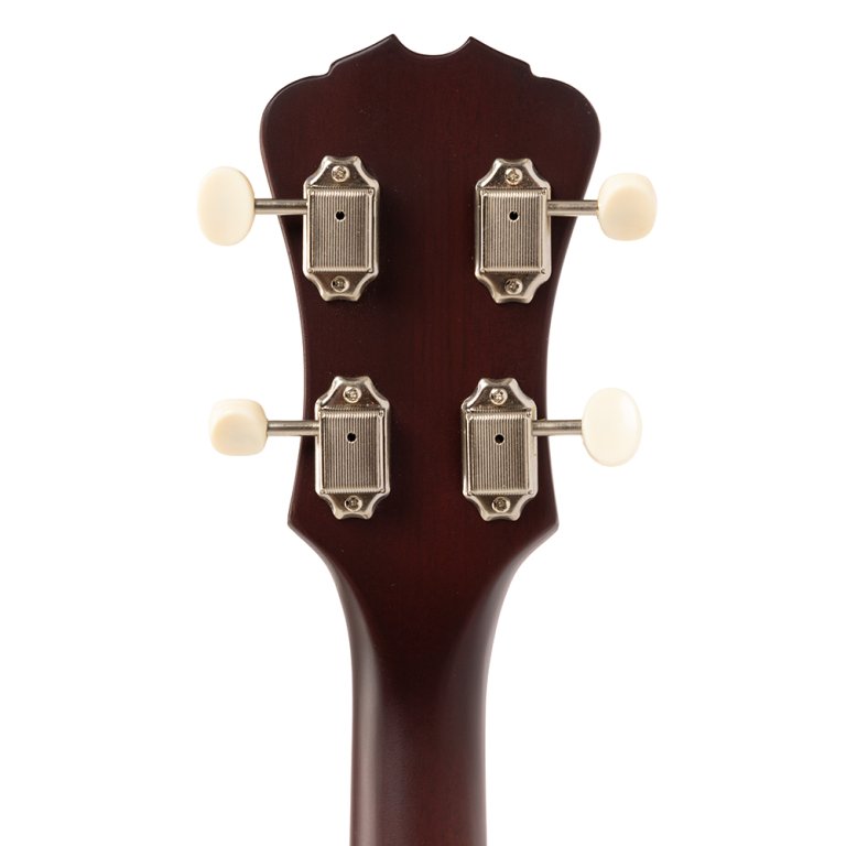 Ukulele, Kopfplatte, dunkelbraunes Holz, Stimmmechaniken, vier Wirbel
