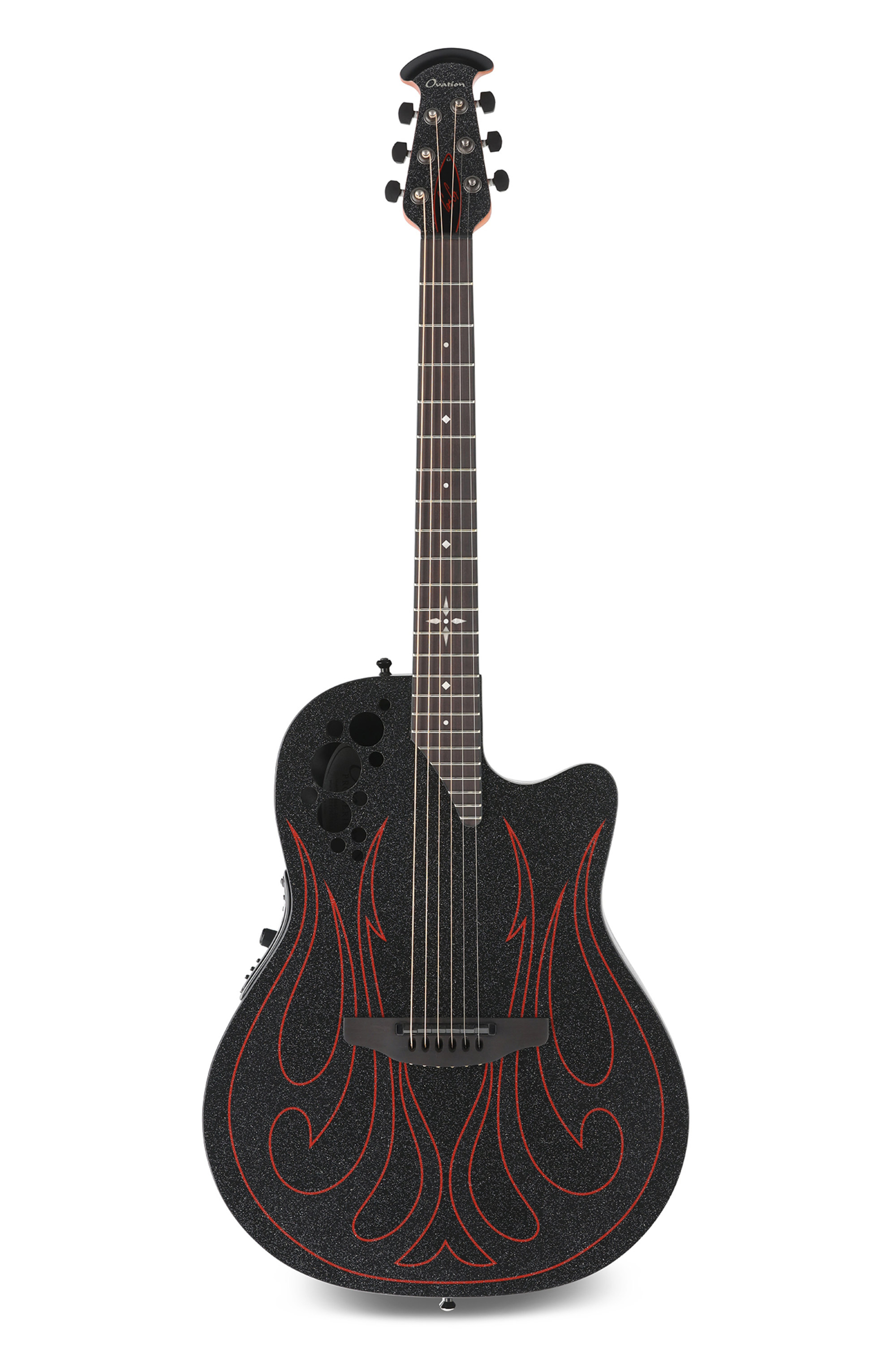 Akustikgitarre, schwarzer Glitzerlack, rote Flammen, Cutaway-Korpus, mehrere Schalllöcher