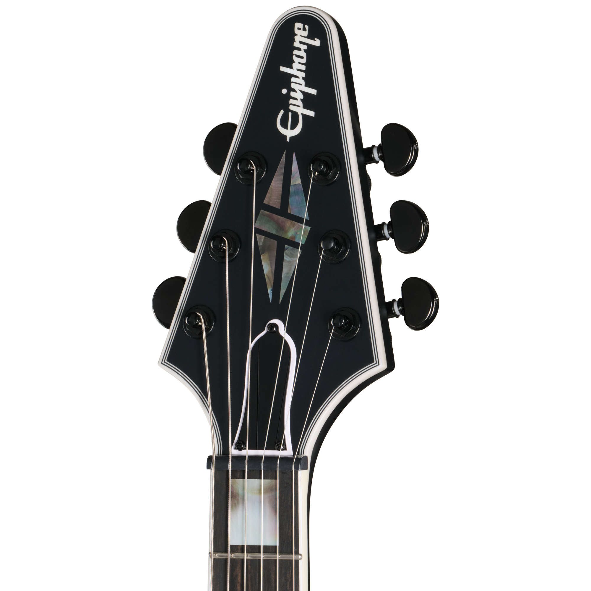 E-Gitarren-Kopfplatte, schwarzes Finish, Perlmutt-Inlay, Stimmmechaniken, sechs Saiten
