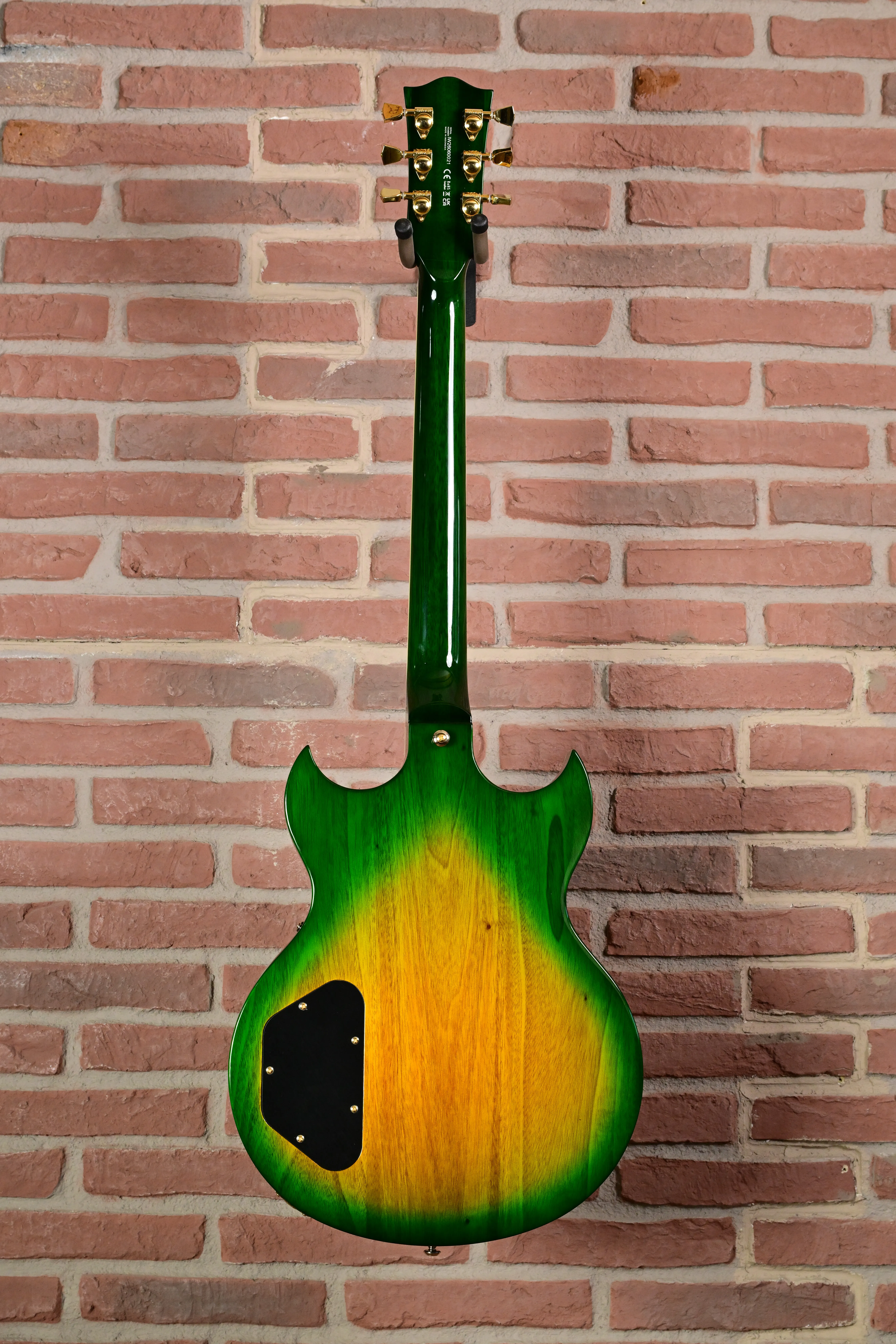 E-Gitarre, grün-gelber Farbverlauf, massiver Korpus, mahagonifarbener Hals, Goldene Mechaniken