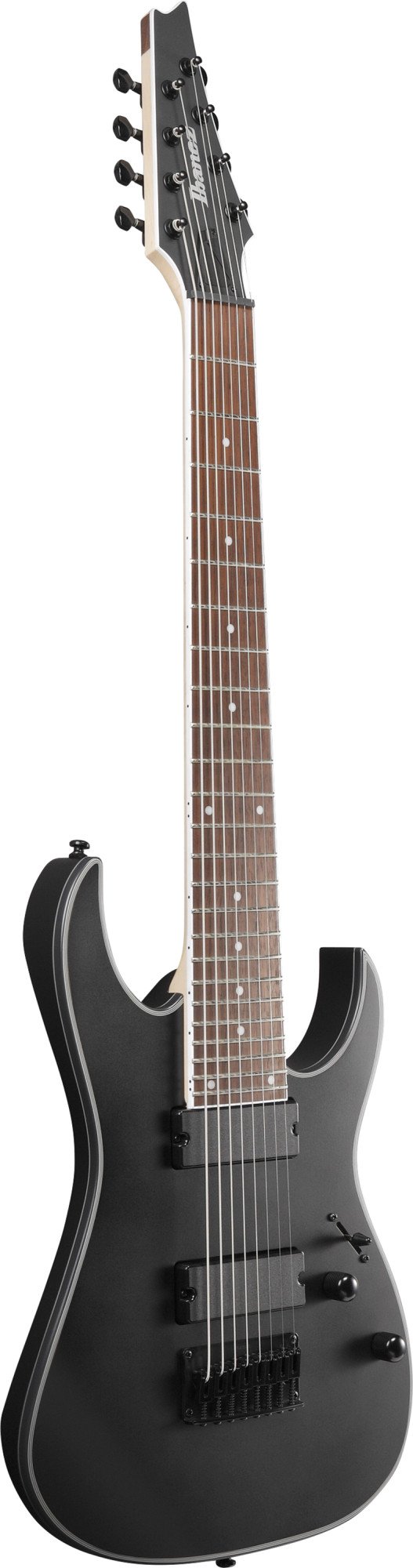 Ibanez RG8EX‑BKF – Dreiviertelansicht, meranti Korpus, Wizard II‑8 Hals, F108 Fixed Bridge