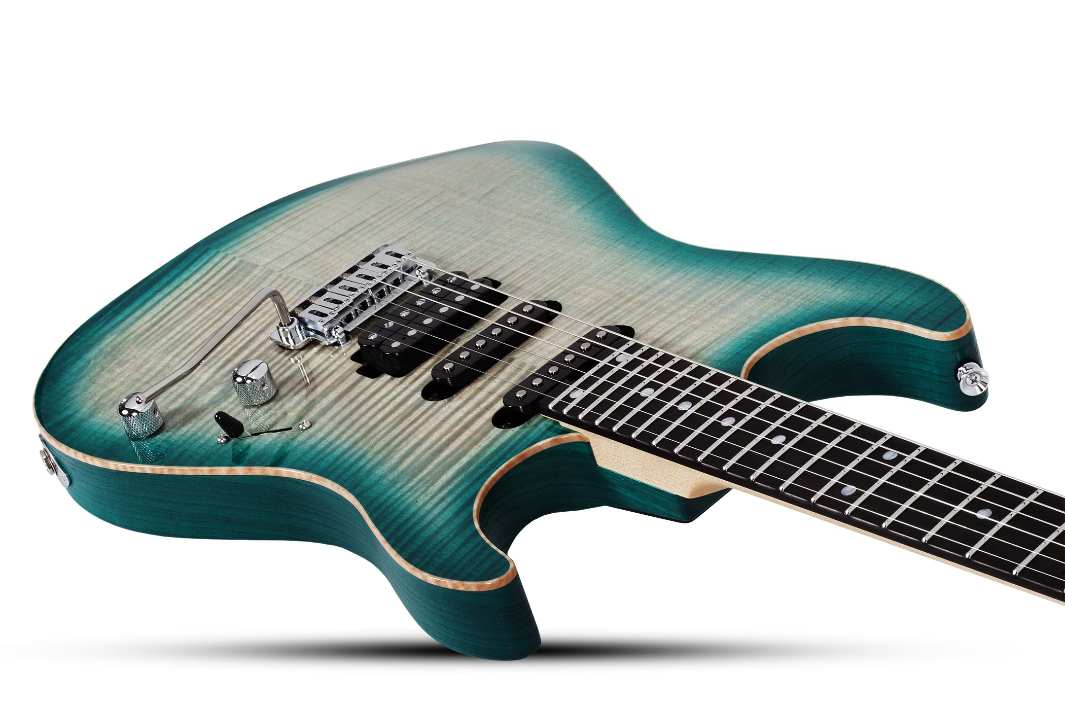 E-Gitarre, Massivholzkorpus, Türkis, Flamed-Maple-Decke, Tremolo