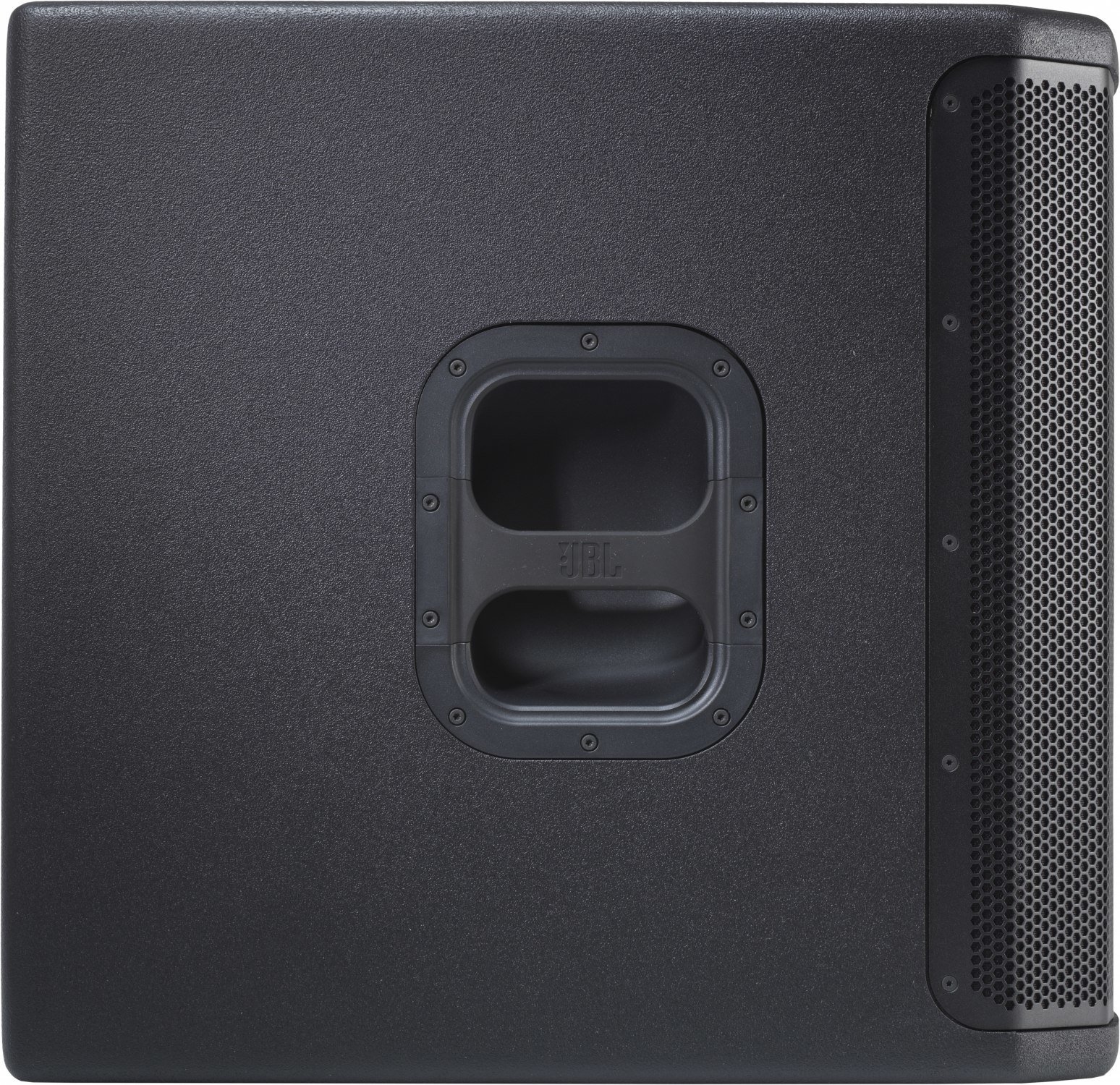 JBL PRX915XLF Detailaufnahme – Logo, Gehäuseoberfläche und Verarbeitung des aktiven Subwoofers