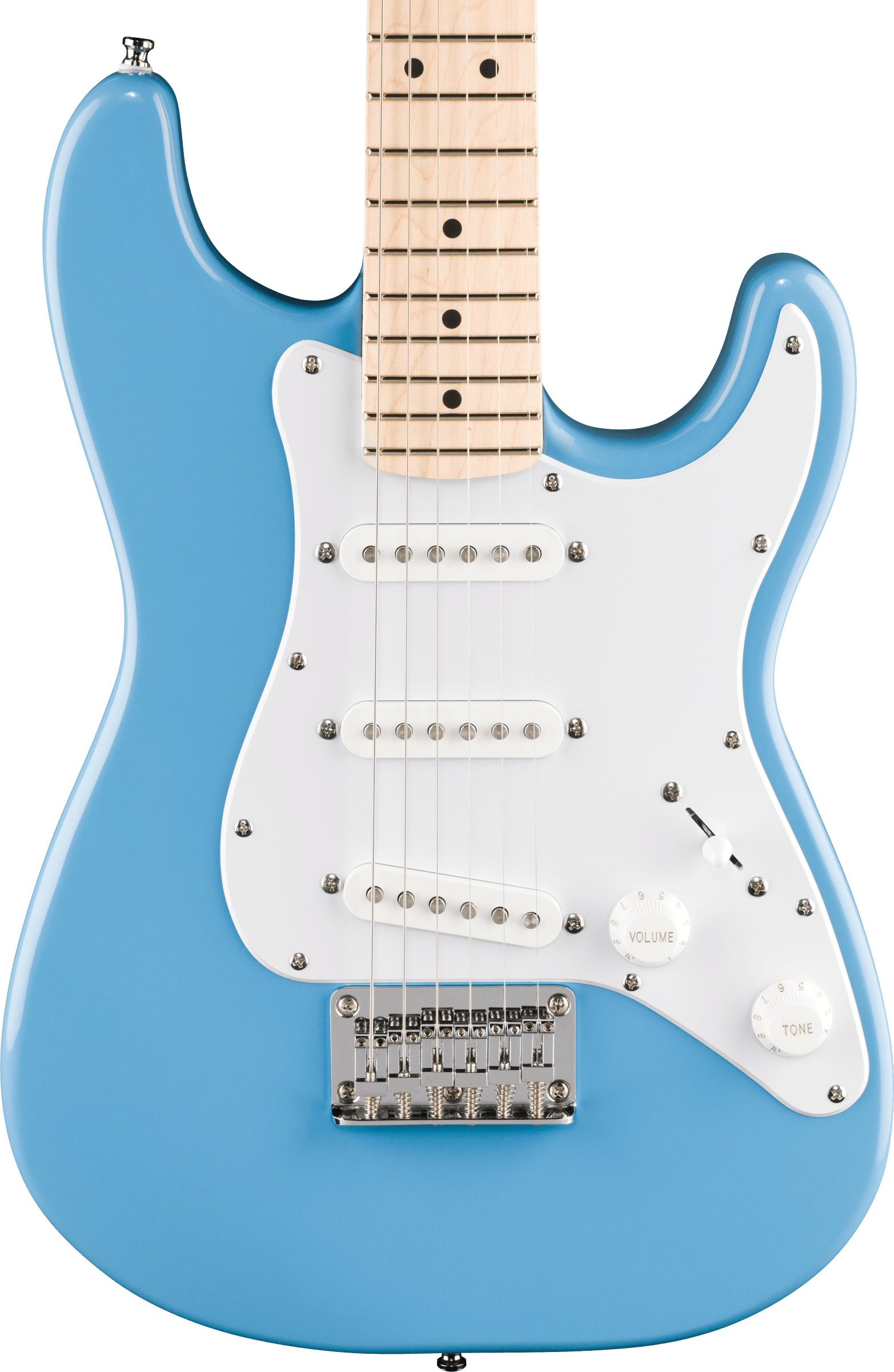 E-Gitarre, blauer Korpus, weißes Schlagbrett, Ahornhals, drei Singlecoils