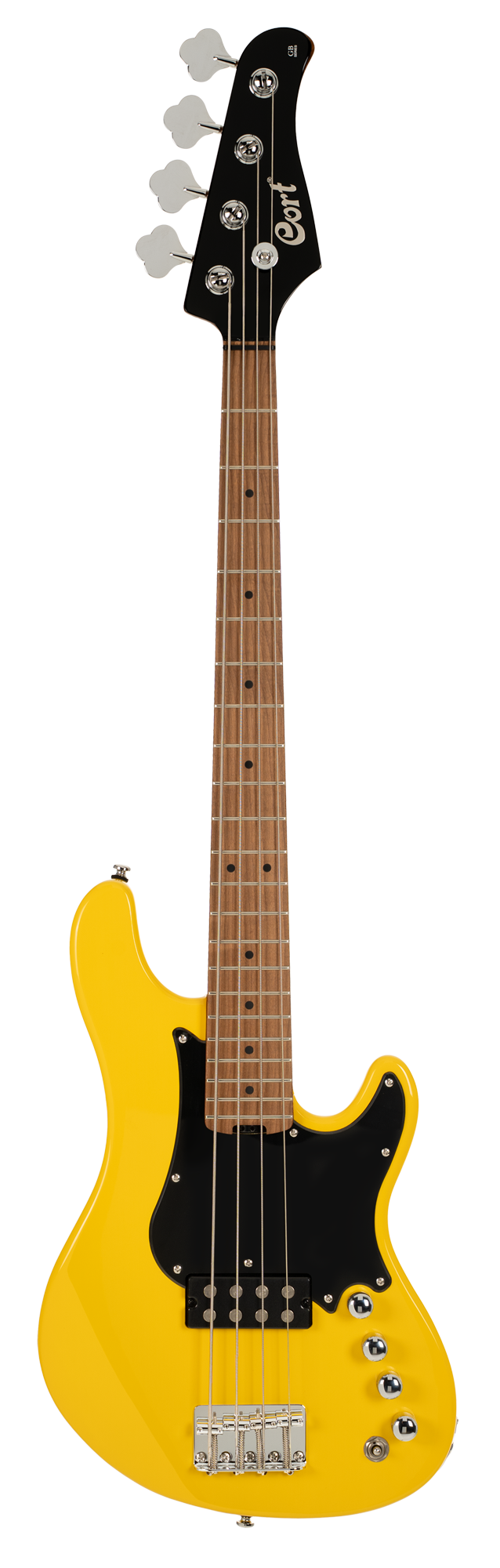 E-Bass, gelber Korpus, schwarzes Schlagbrett, Ahornhals, Viersaiter
