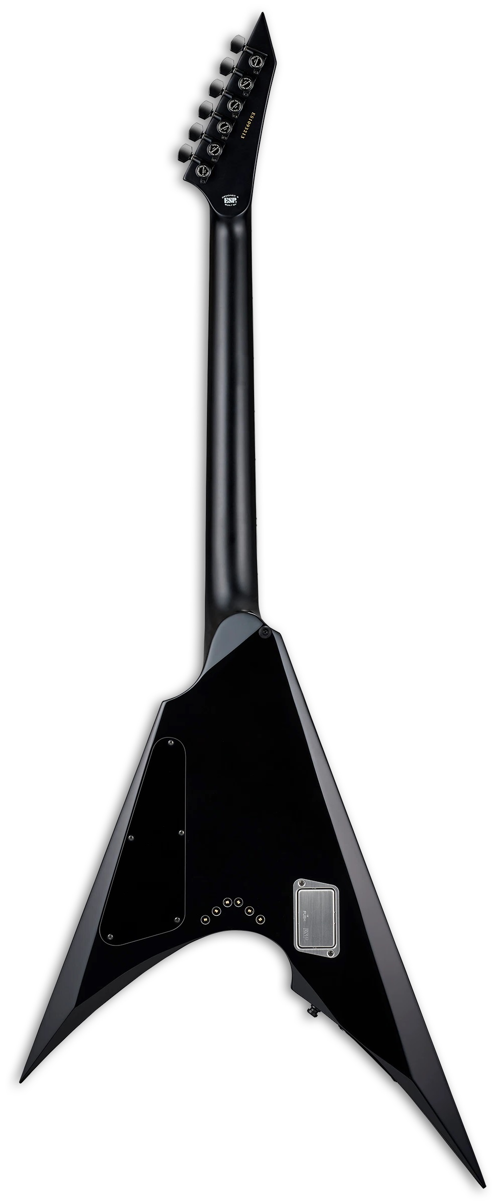E-Gitarre, V-förmiger Korpus, schwarze Hochglanzoberfläche, sechs Saiten, spitze Kopfplatte