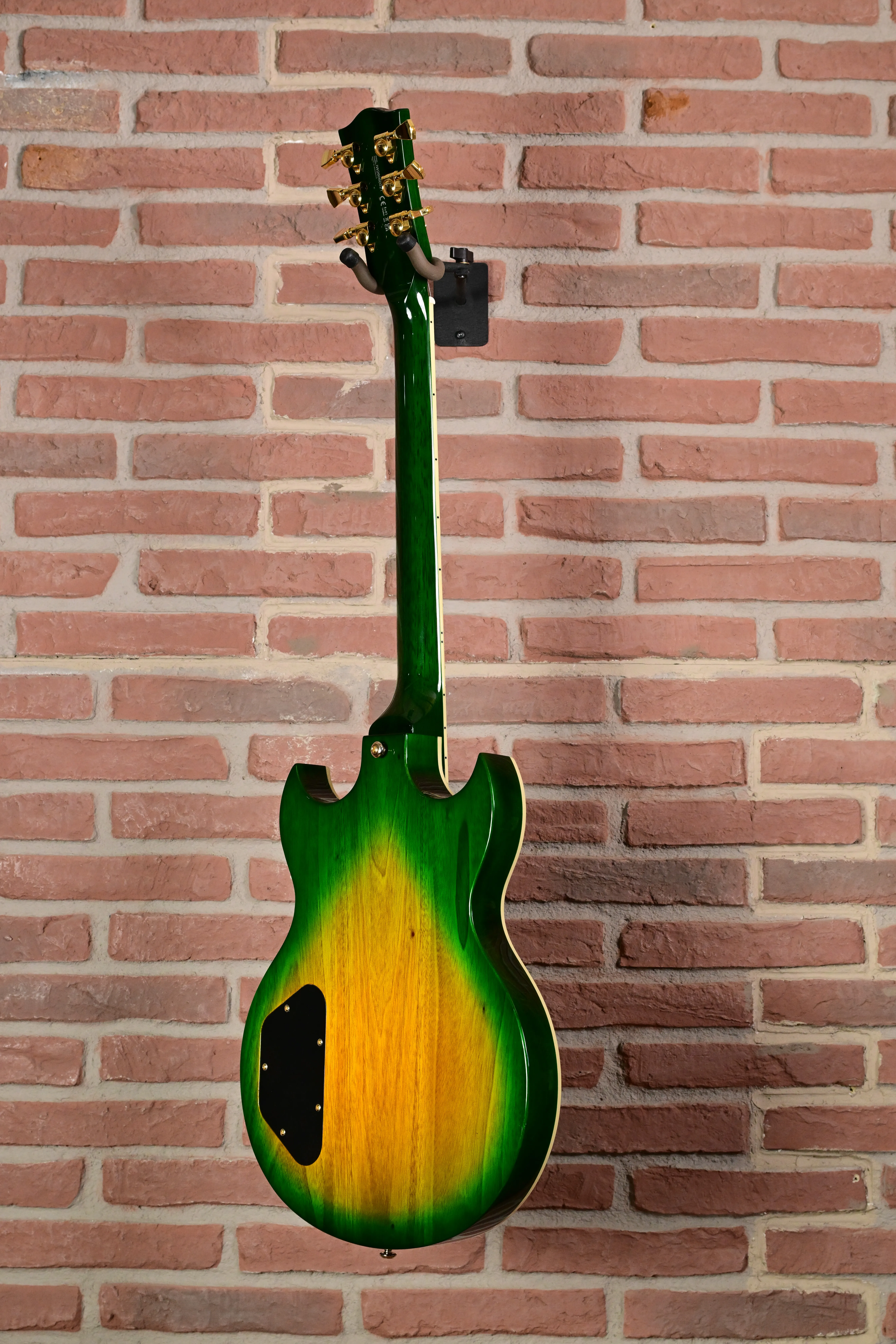 E-Gitarre, grün-gelber Farbverlauf, Sunburst-Lackierung, massiver Korpus, goldene Mechaniken