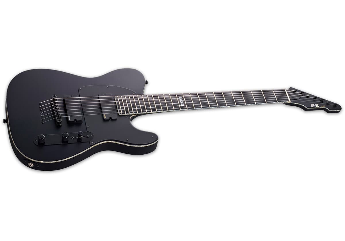 E-Gitarre, schwarzer Korpus, massiver Korpus, siebensaitig, Tonabnehmer