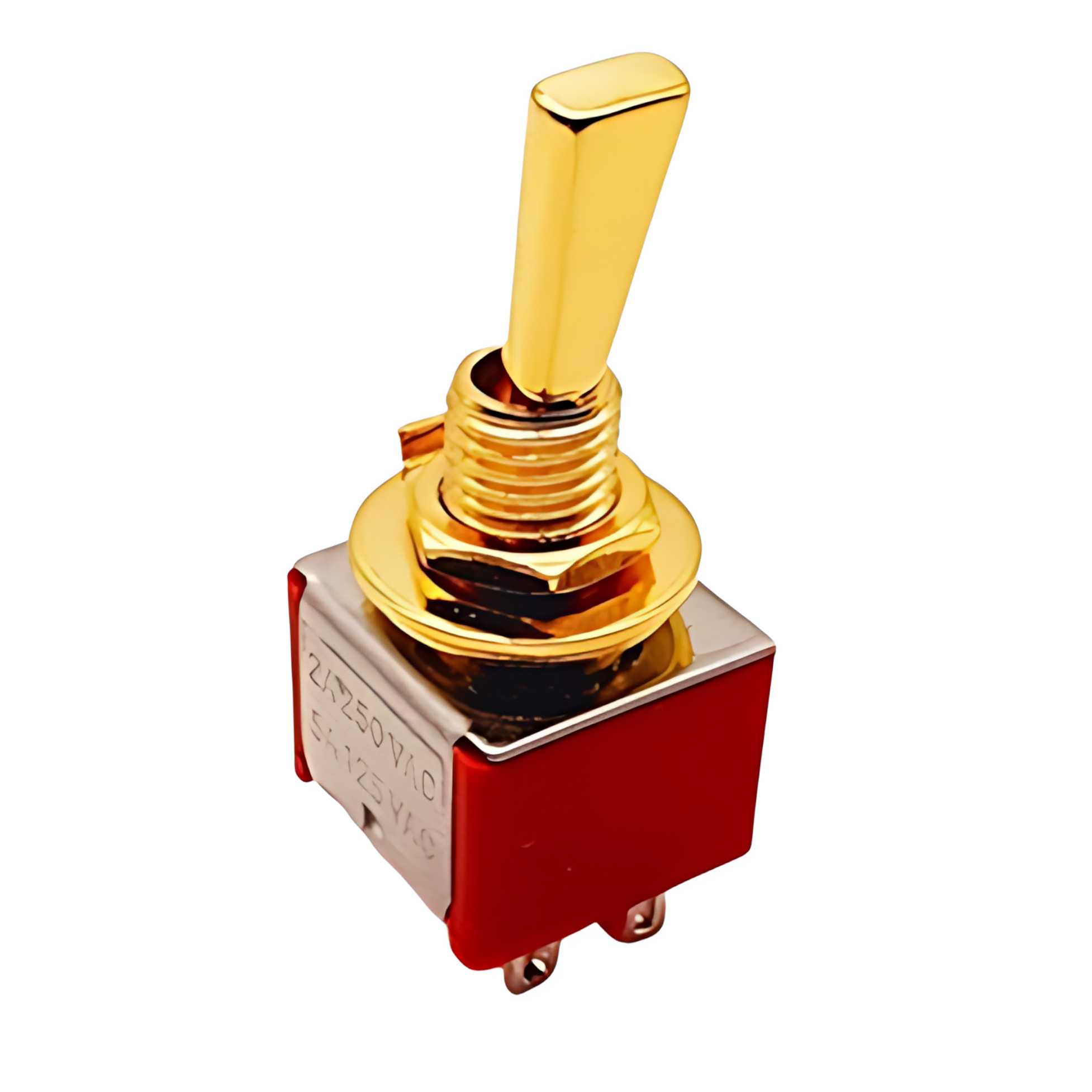 Kippschalter, Goldfarbener Hebel, Rotes Gehäuse, Metallgewinde, Elektrischer Schalter