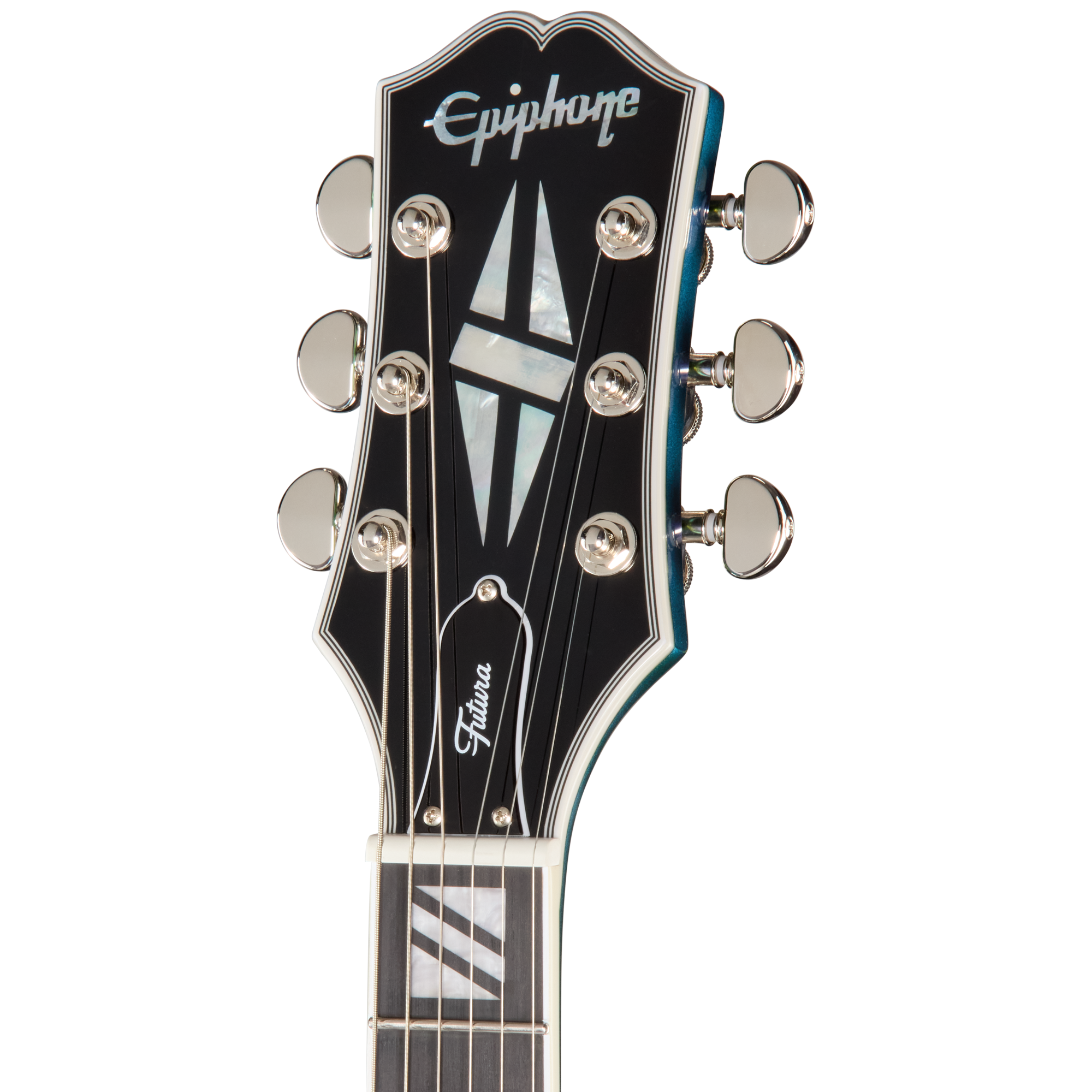Gitarrenkopf, schwarzes Finish, Perlmutt-Einlagen, sechs Saiten, Stimmmechaniken