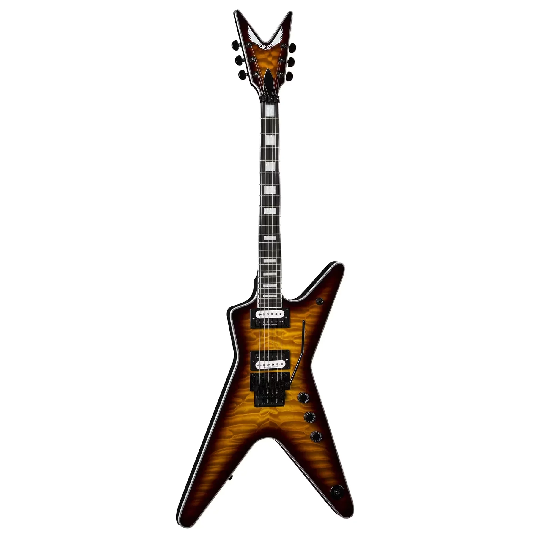 E-Gitarre, V-förmiger Korpus, Tigerstreifen-Maserung, braun-schwarzes Finish, Doppelspulen-Tonabnehmer