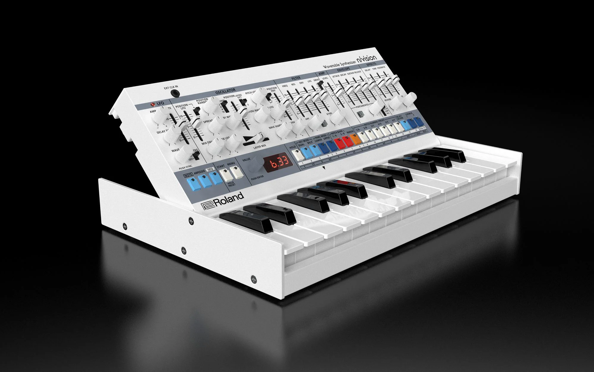 Synthesizer, Tasteninstrument, weiß, analoge Regler, Tastatur