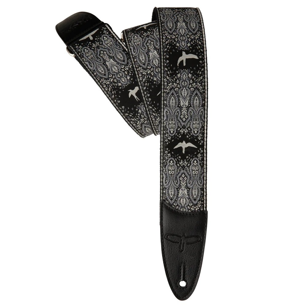 2" Guitar Strap, Custom Jacquard Birds Fleur, Charcoal