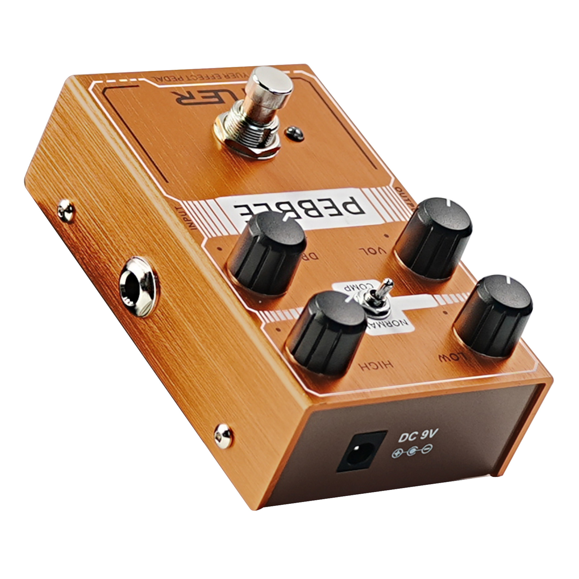 Gitarreneffektpedal, Overdrive-Pedal, Holzoptik, Orangefarben, Drehregler