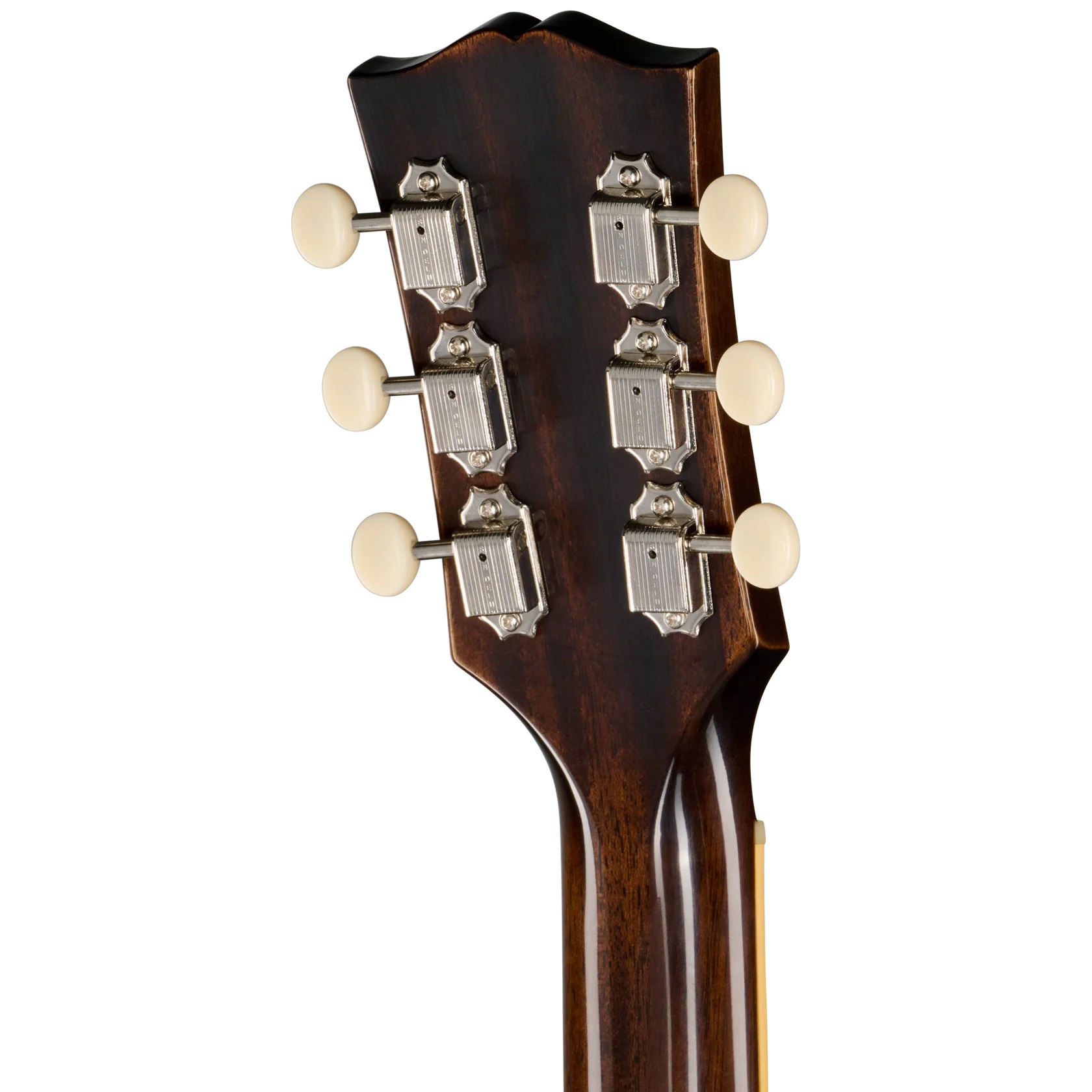 Gitarrenkopf, Stimmmechaniken, sechs Saiten, dunkles Holz, Perlmuttknöpfe