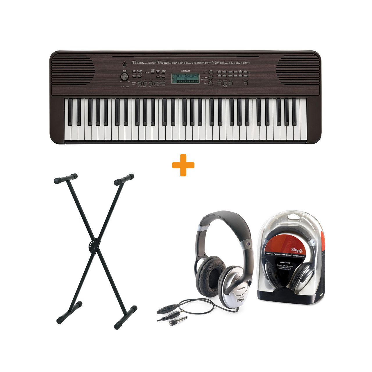 PSR-E360 Keyboard in dunkler Nussbaum Set II mit Ständer und Kopfhörer