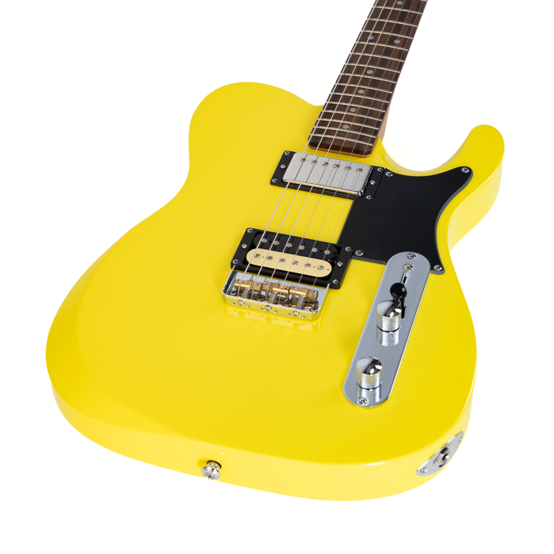 E-Gitarre, gelber Korpus, schwarzes Schlagbrett, Humbucker-Tonabnehmer, massiver Korpus