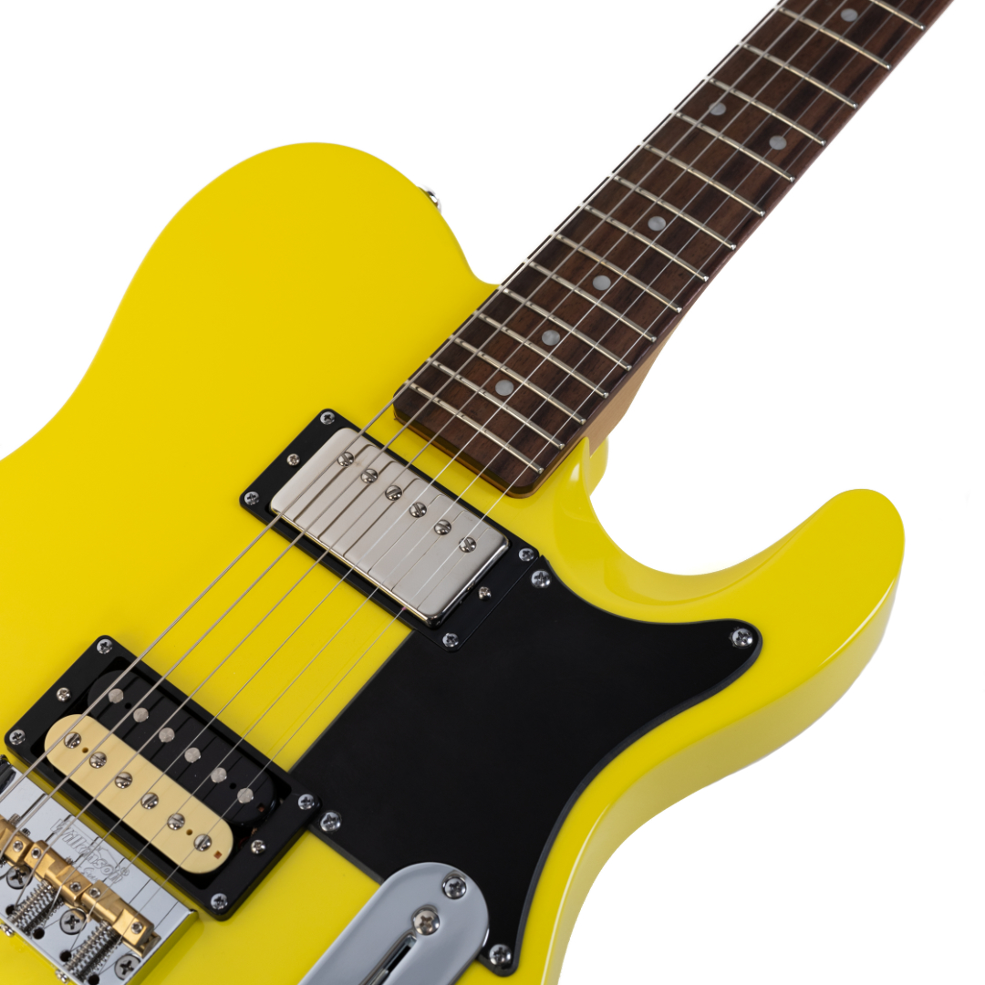 E-Gitarre, gelber Korpus, schwarzes Schlagbrett, Humbucker-Tonabnehmer, dunkles Griffbrett
